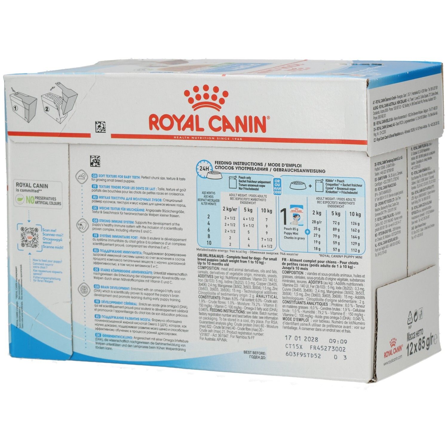 Rückseite der Royal Canin Mini Puppy Trockenfutter-Box mit Fütterungshinweisen und Zusammensetzung.