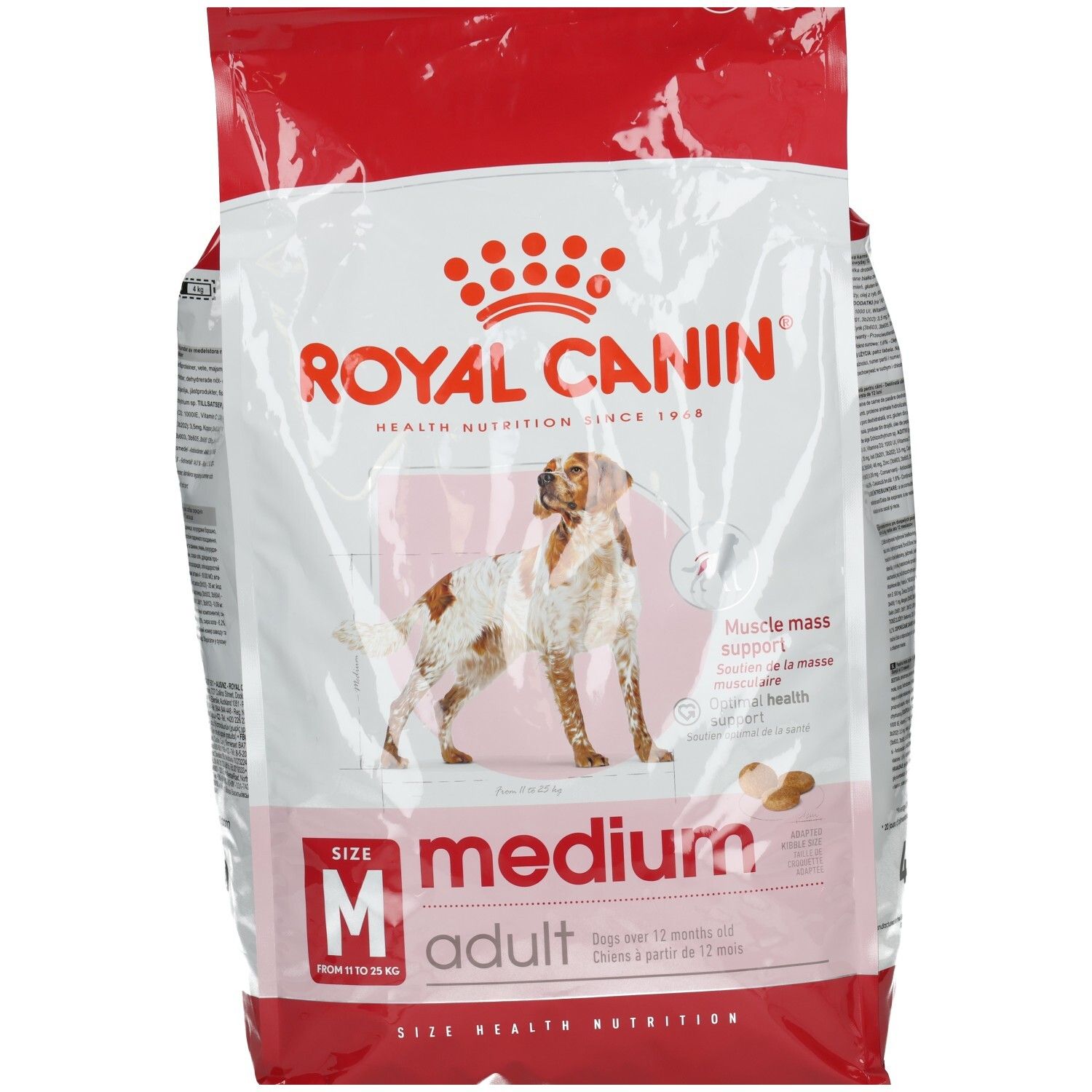 ROYAL CANIN MEDIUM Adult Trockenfutter für ausgewachsene mittelgroße Hunde, 10-25 kg. Beutel mit Hundebild und Produktinformationen.