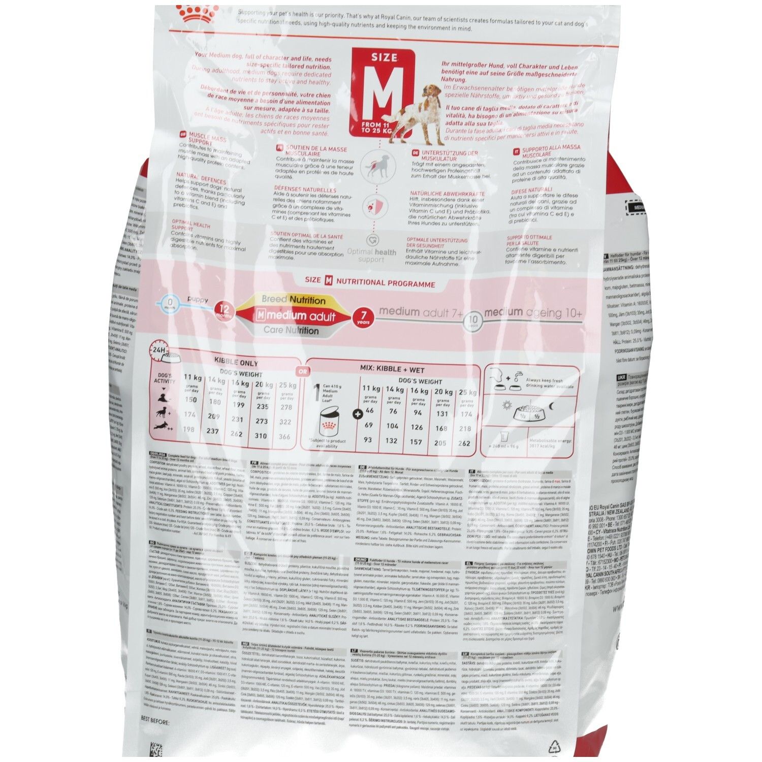 Rückseite des ROYAL CANIN MEDIUM Adult Trockenfutter-Beutels mit detaillierten Fütterungstabellen und Anwendungshinweisen.