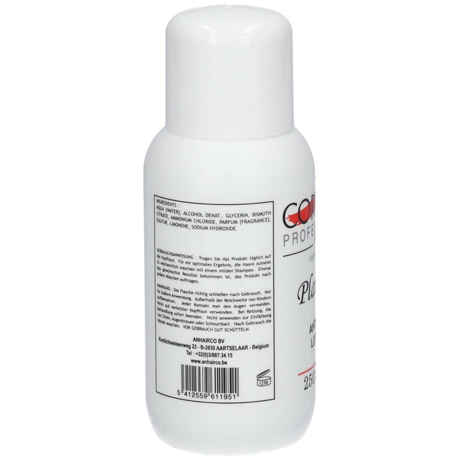 Achterkant van een witte fles. Tekst met ingrediënten en gebruiksaanwijzing. Merk: Corona Professional, Plantex.