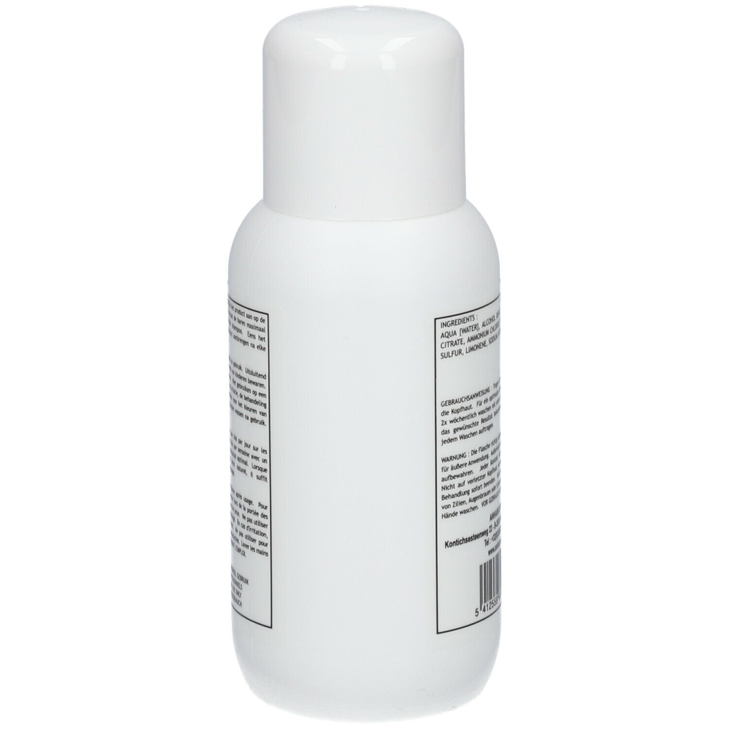Achterkant van een witte fles. Tekst met ingrediënten en gebruiksaanwijzing. Merk: Corona Professional, Plantex.