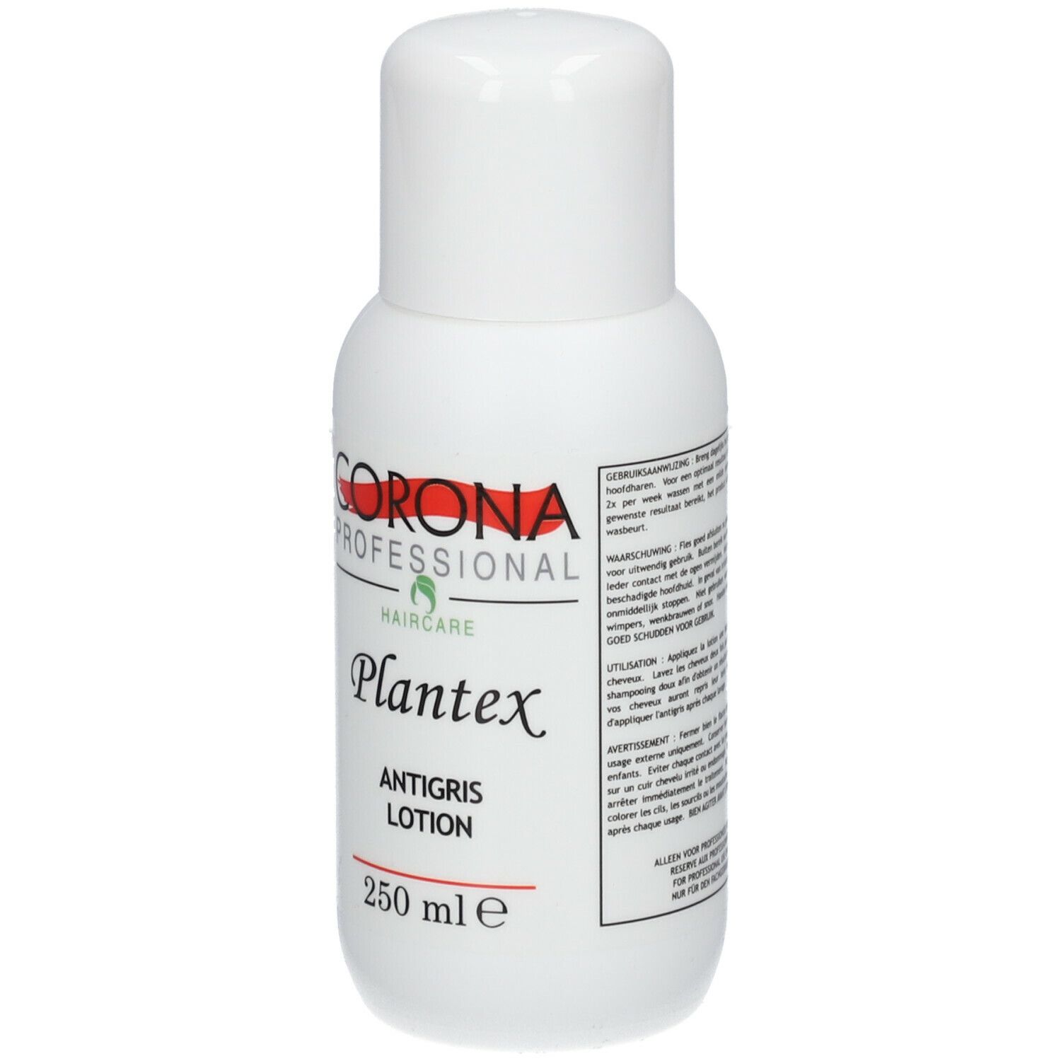 Witte fles met witte dop. Opschrift: Corona Professional, Plantex, Antigris Lotion, 250 ml.