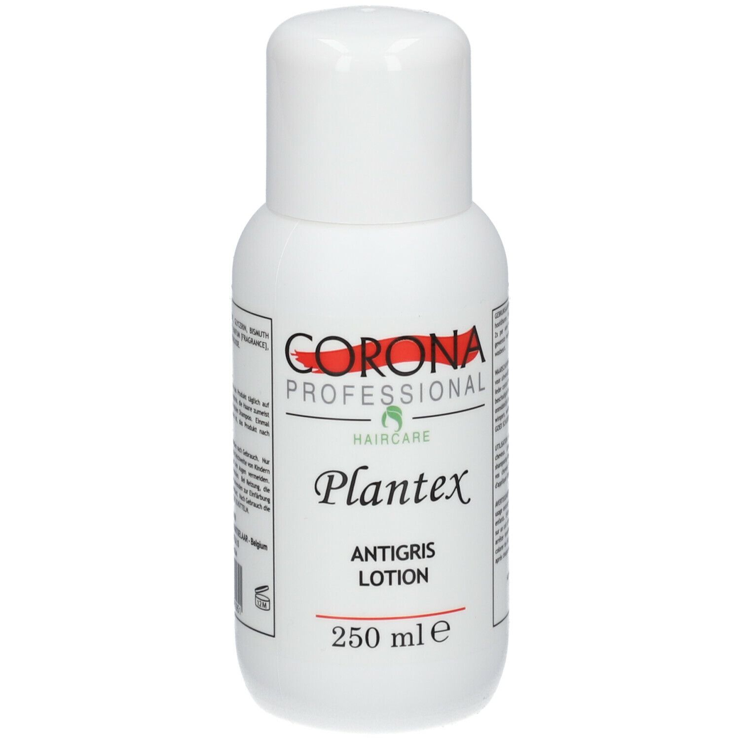 Witte fles met witte dop. Opschrift: Corona Professional, Plantex, Antigris Lotion, 250 ml.