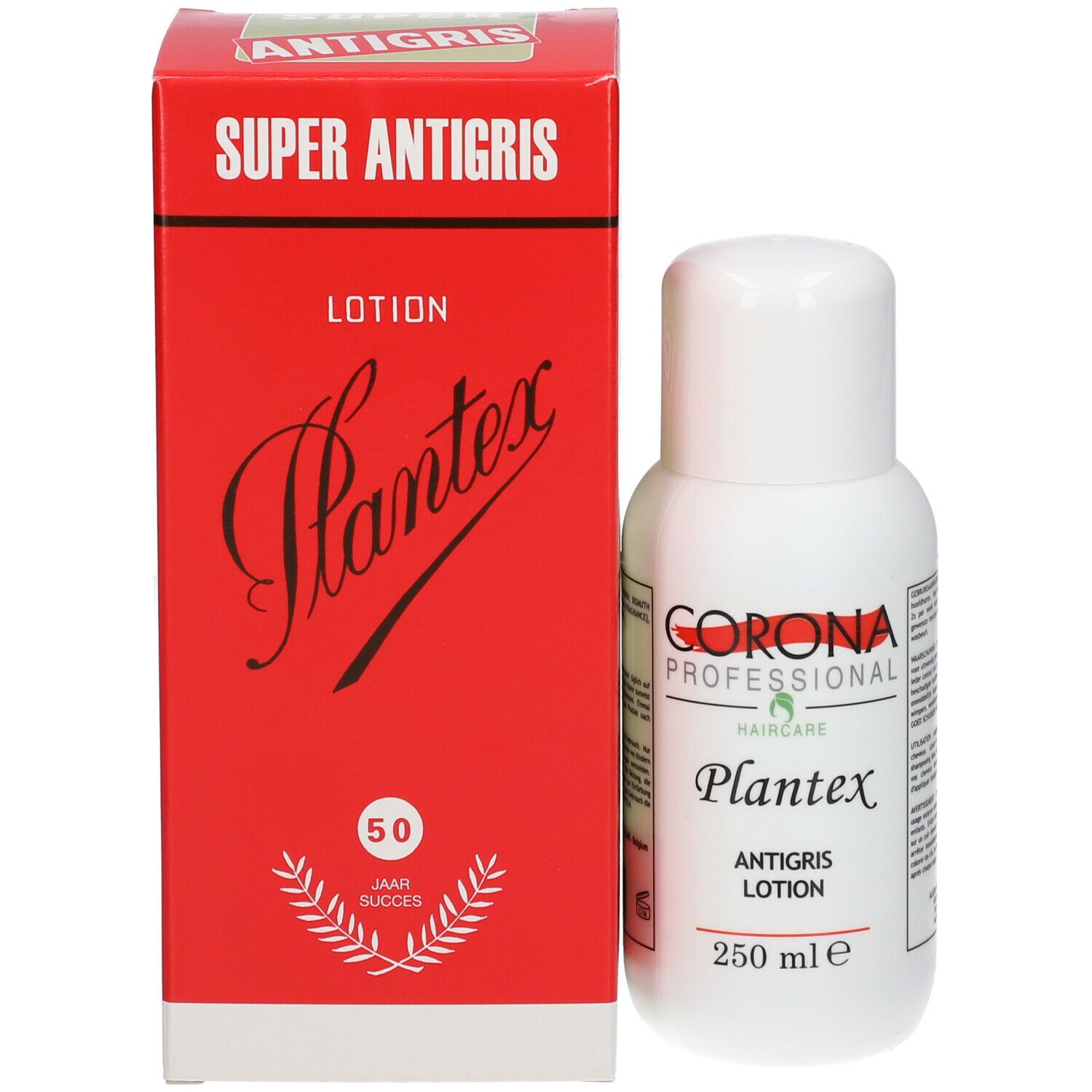 Witte fles naast rode doos. Opschrift: Super Antigris, Plantex Lotion. Merk: Corona Professional.
