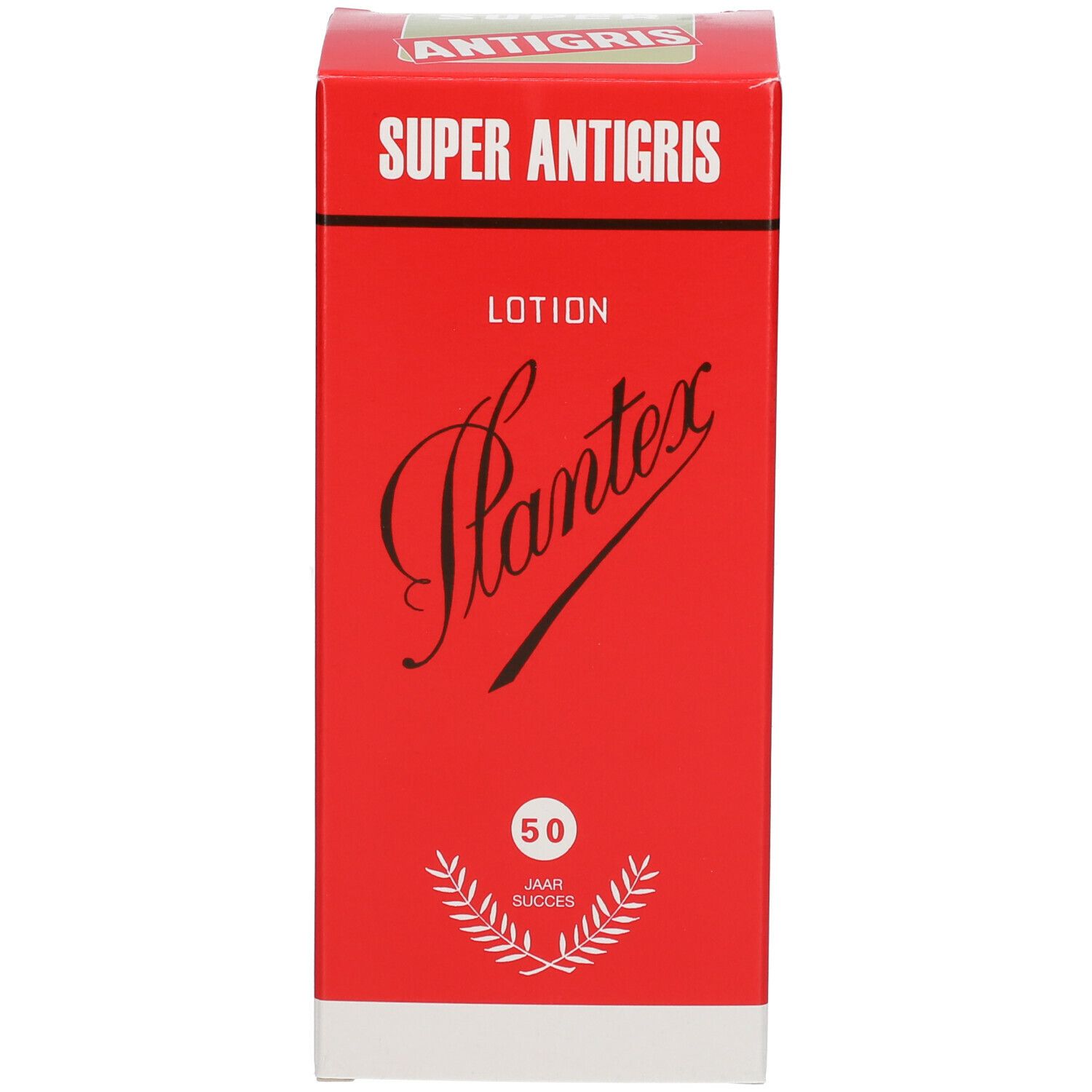 Rode doos met opschrift: Super Antigris, Plantex Lotion. Logo: 50 jaar succes.