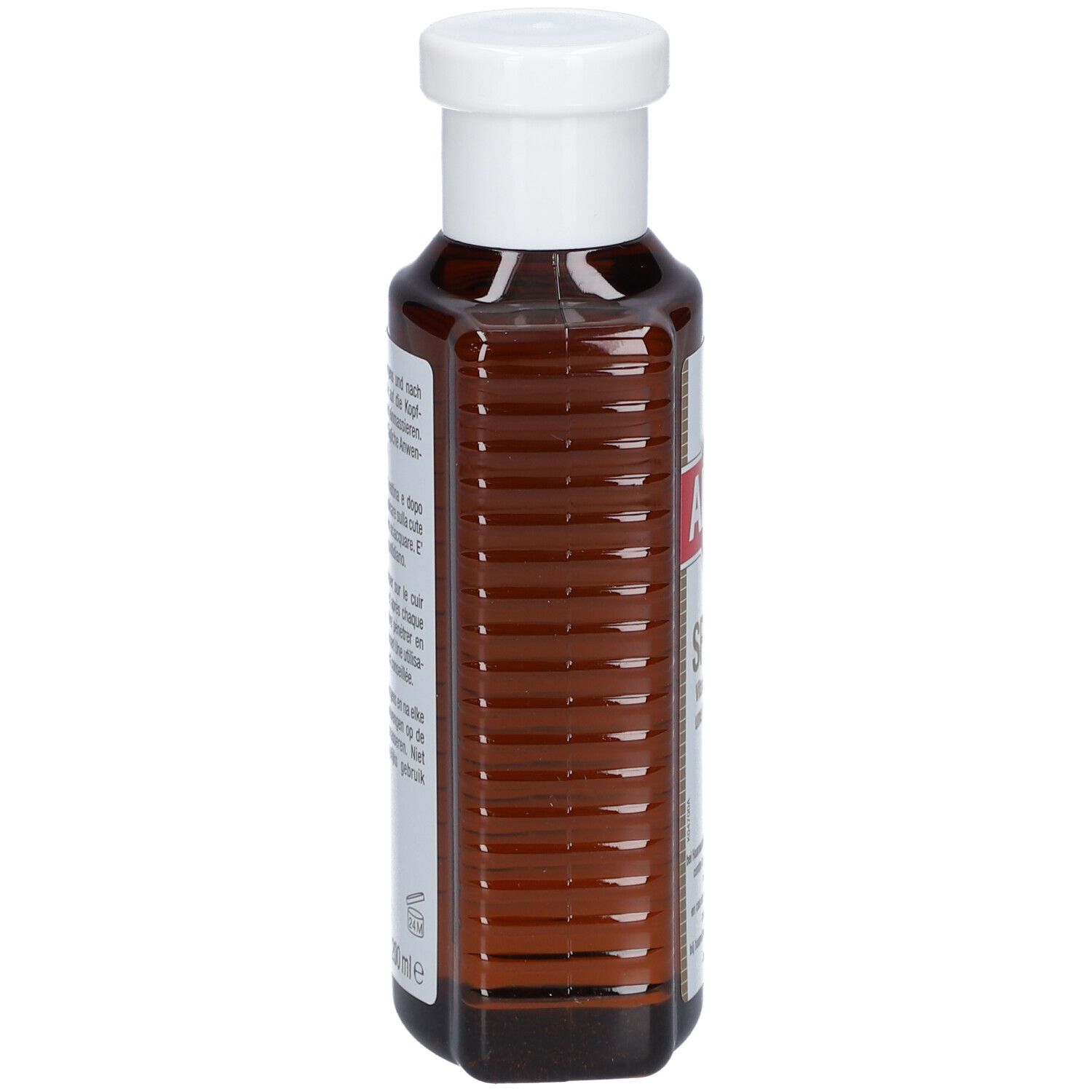 Bruine fles met witte dop. Geribbelde zijkanten. Etiket met productinformatie. Geen andere details zichtbaar.