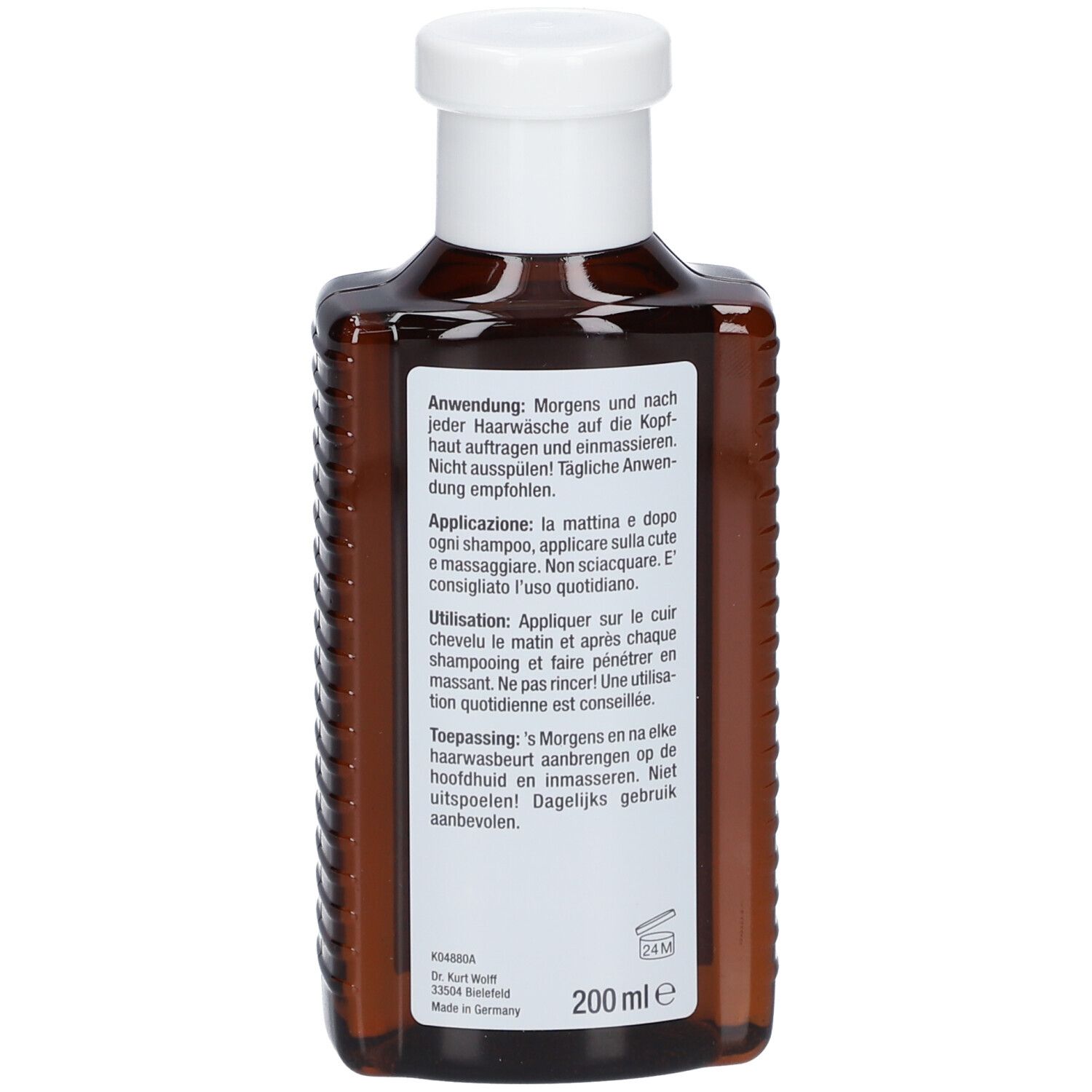 Achterkant van de bruine fles met witte dop. Tekst in het Duits, Italiaans, Frans, Nederlands. Volume van 200 ml.