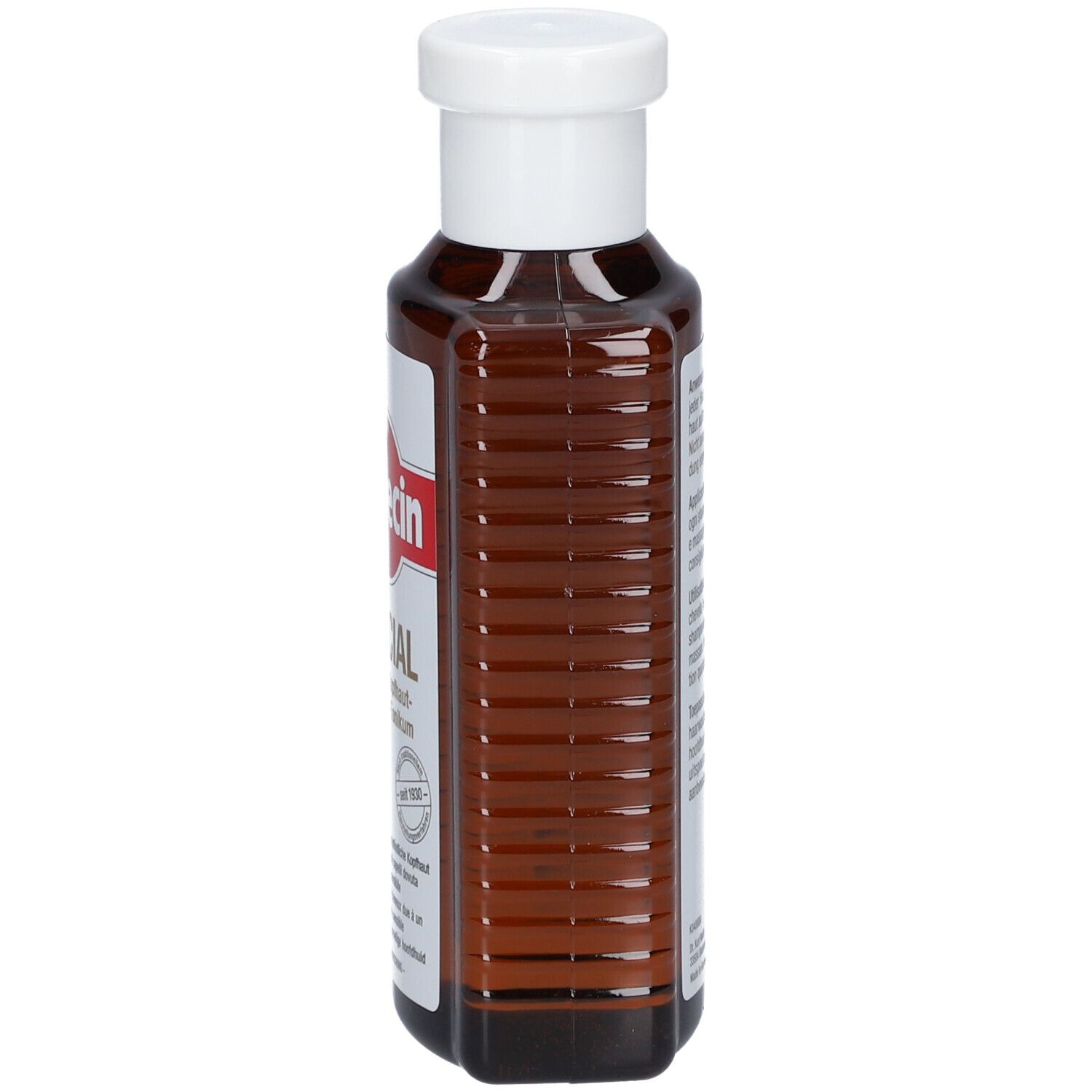 Bruine fles met witte dop. Etiket met Alpecin-logo en productnaam. Geen andere details zichtbaar.