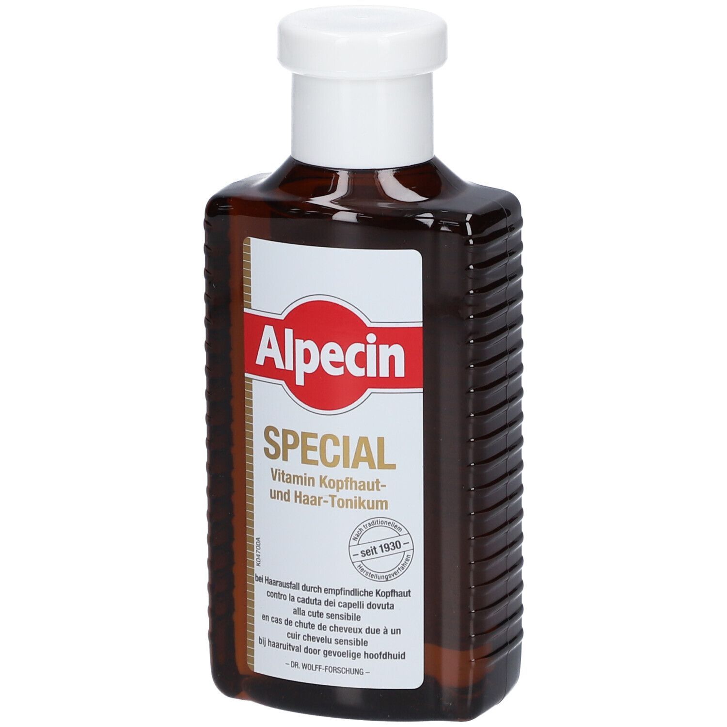 Bruine fles met witte dop. Etiket met Alpecin-logo en productnaam. Tekst in het Duits.