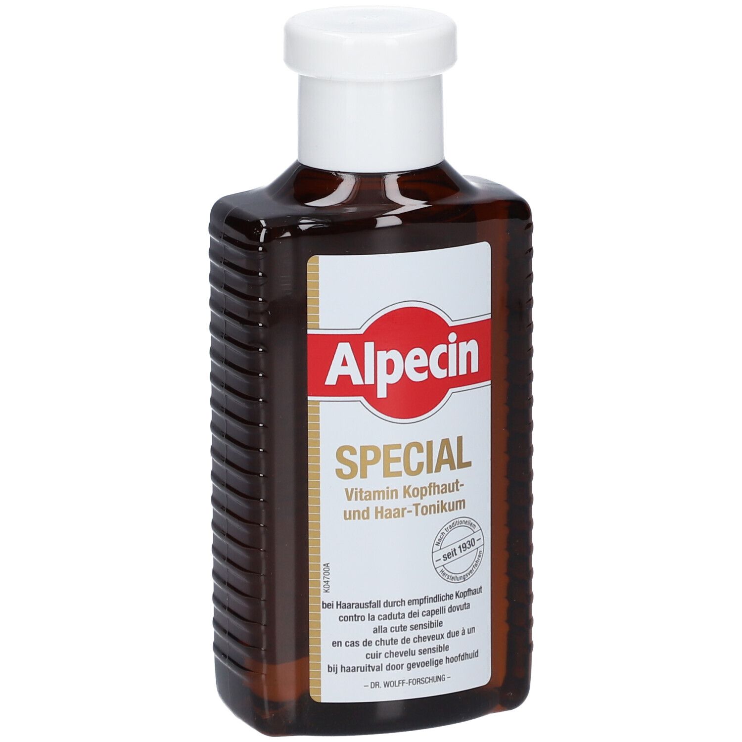 Bruine fles met witte dop. Etiket met Alpecin-logo en productnaam. Tekst in het Duits.