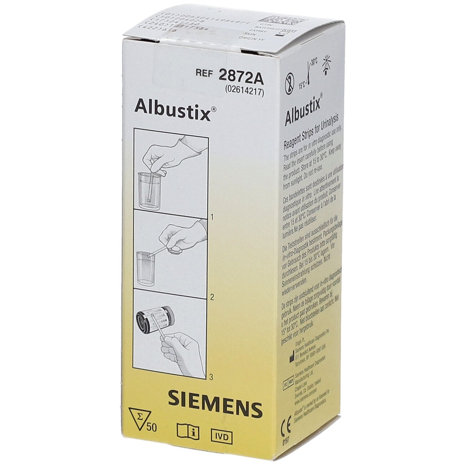 Doosje Albustix® teststrips. Illustraties van gebruik. Siemens logo. REF 2872A.