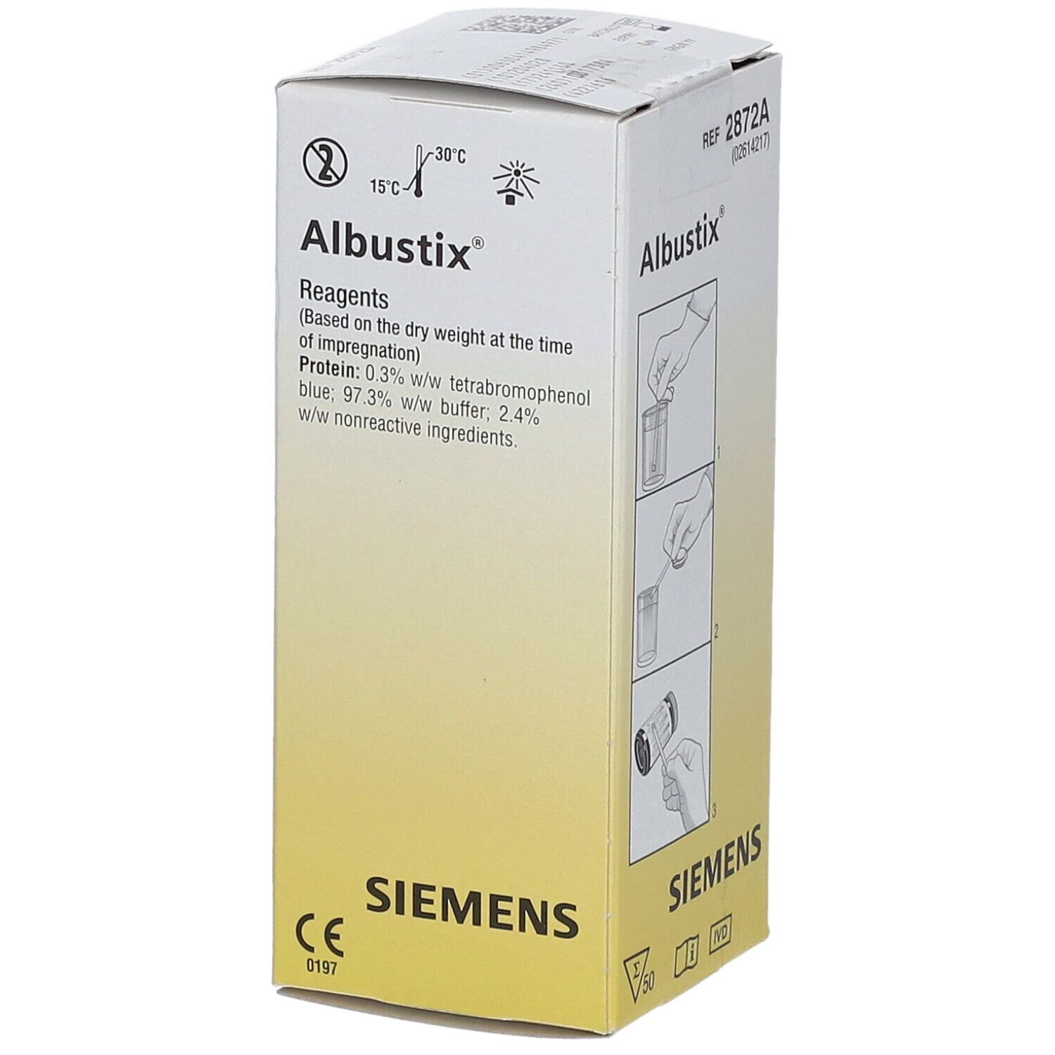 Verpakking Albustix® teststrips. Productinformatie. Siemens logo. CE-markering. REF 2872A.