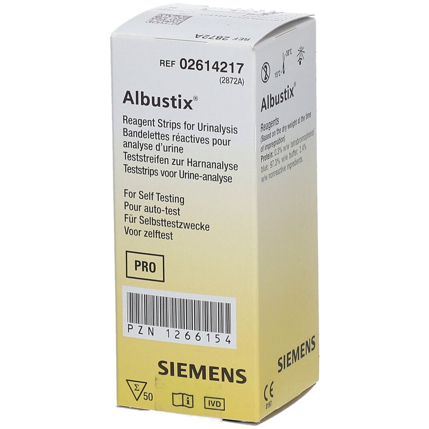 Verpakking Albustix®. Productnaam, informatie. Barcode. Siemens logo. PRO-markering. REF 02614217.