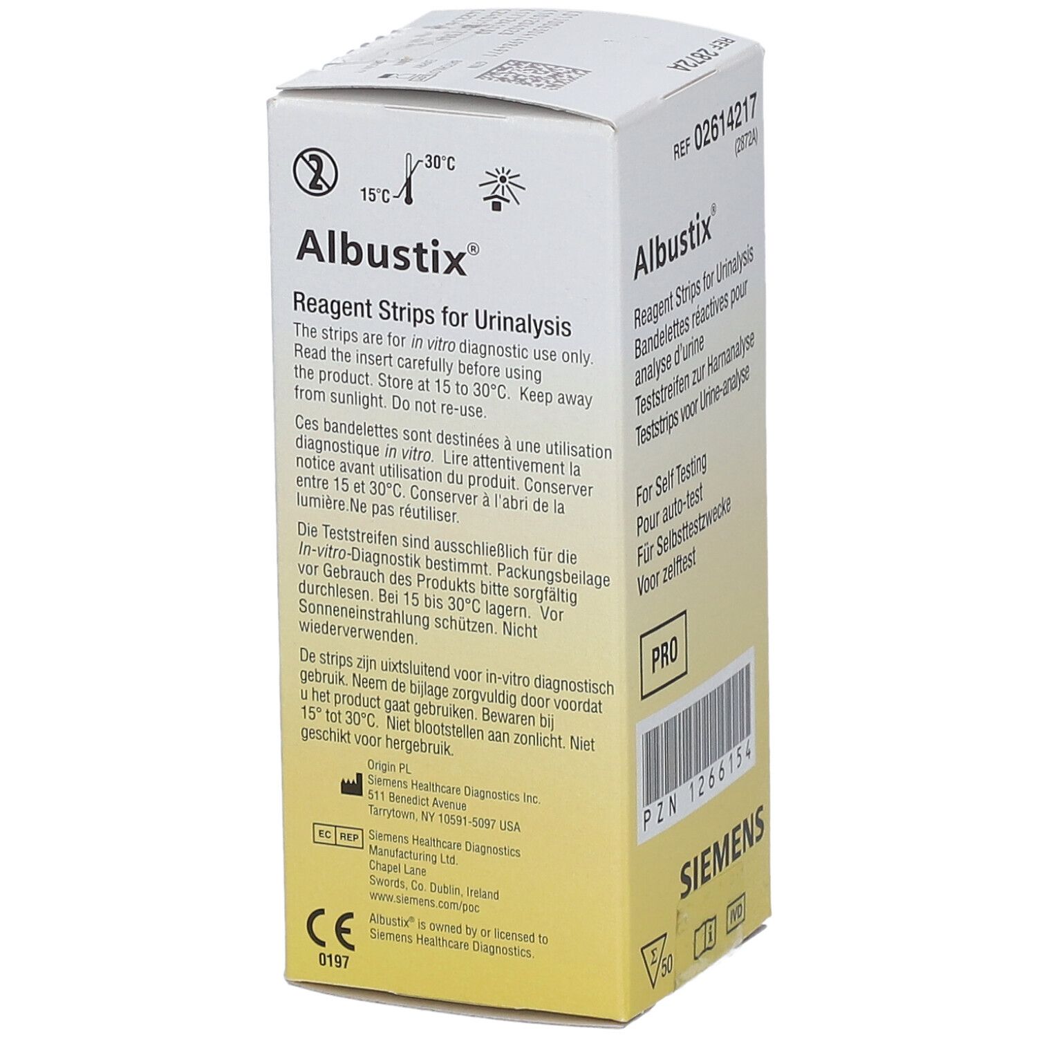 Verpakking Albustix®. Productinformatie. Siemens logo. CE-markering. REF 02614217. PRO-markering.