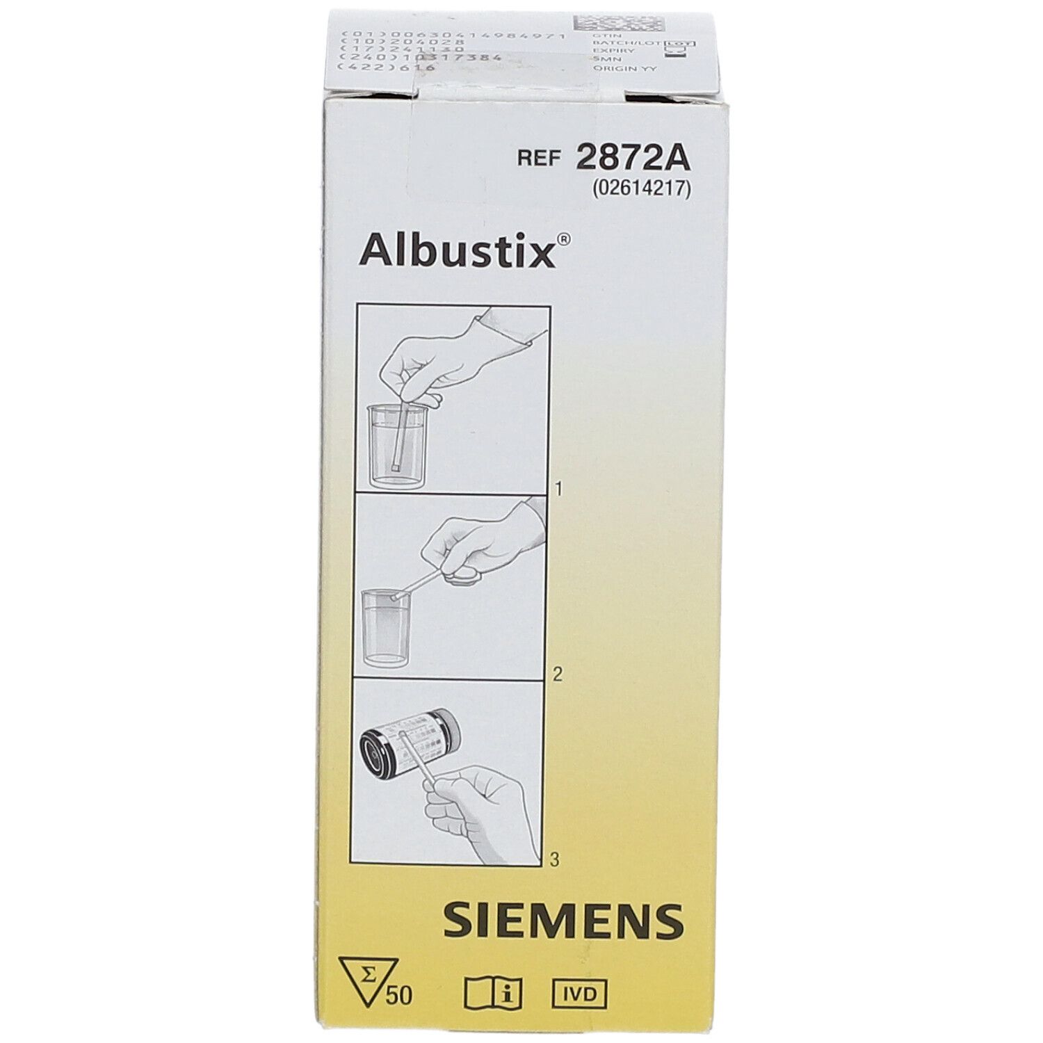 Doosje Albustix® teststrips. Illustraties van gebruik. Siemens logo. REF 2872A.