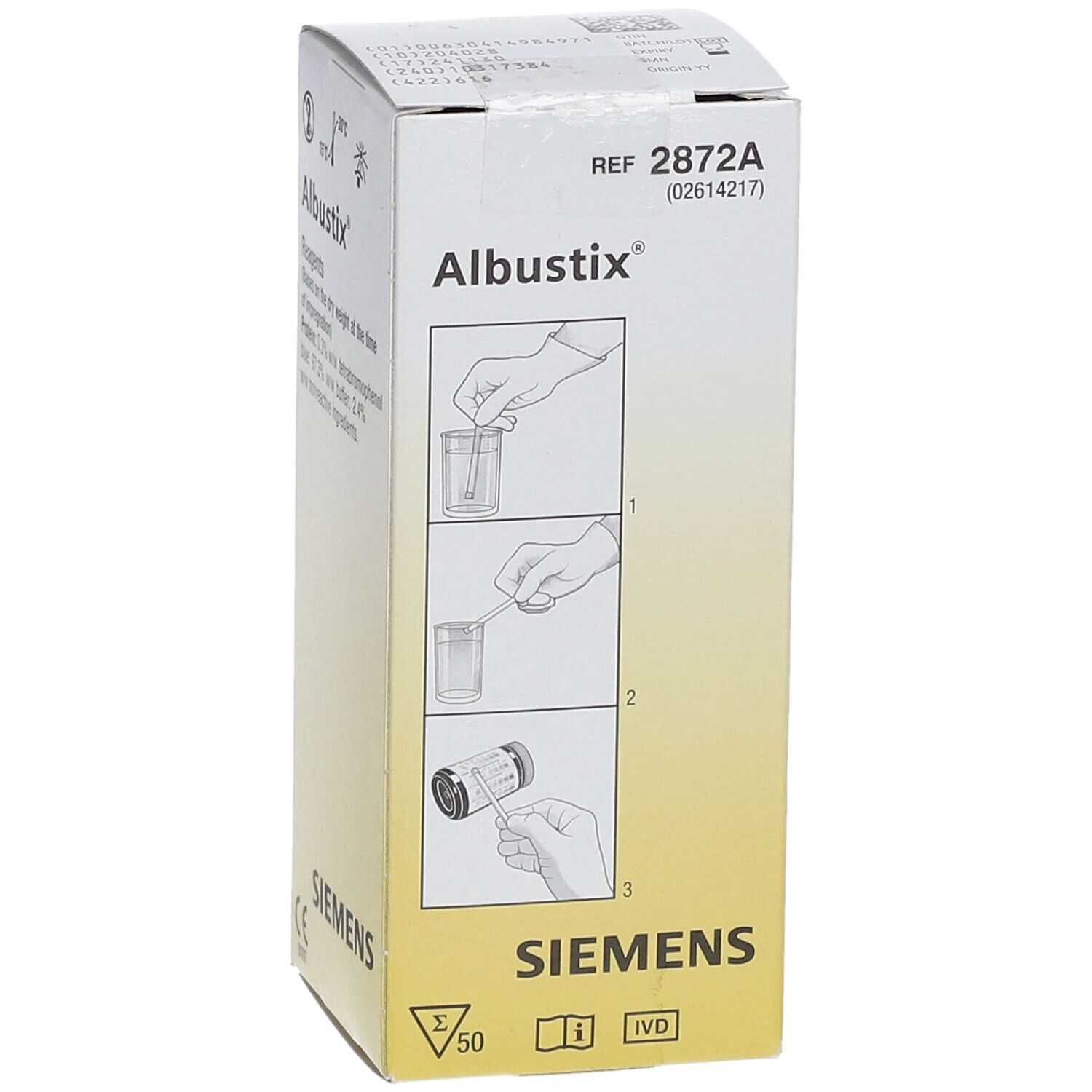 Doosje Albustix® teststrips. Illustraties van gebruik. Siemens logo. REF 2872A.