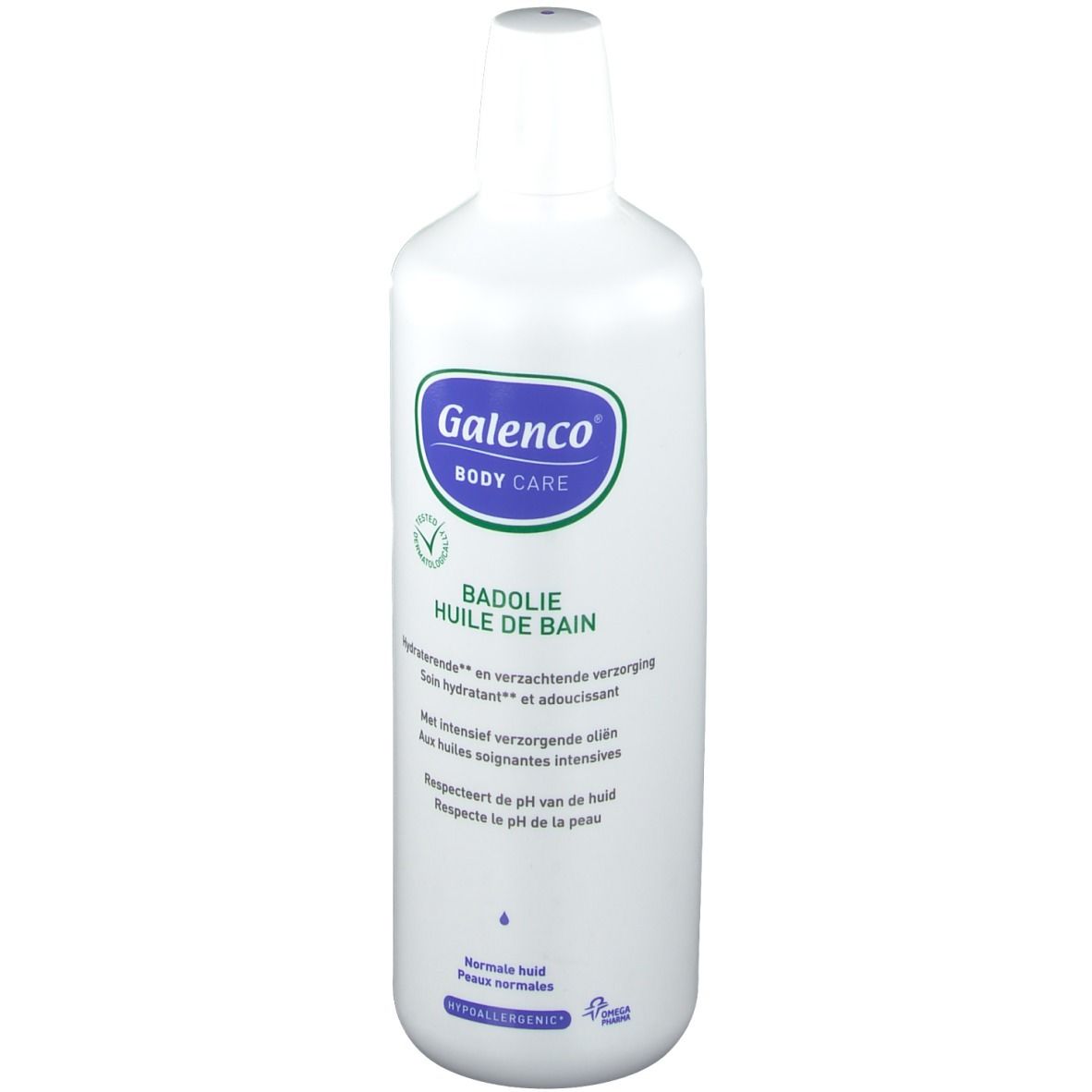 Flacon blanc avec étiquette bleu-vert. Texte: Galenco Body Care, Badolie Huile de bain. Peaux normales, hypoallergénique.