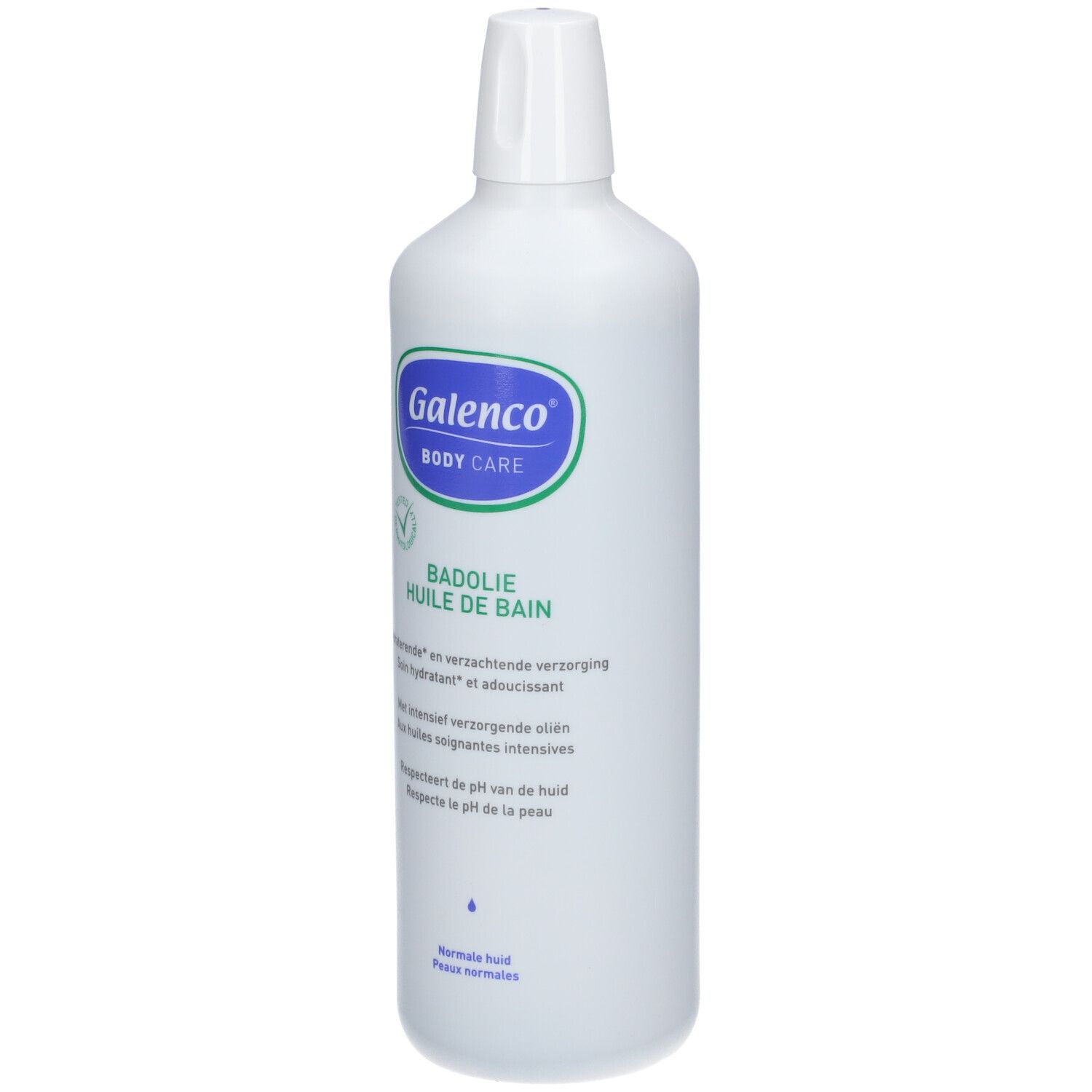 Flacon blanc avec étiquette bleu-vert. Texte: Galenco Body Care, Badolie Huile de bain. Peaux normales.