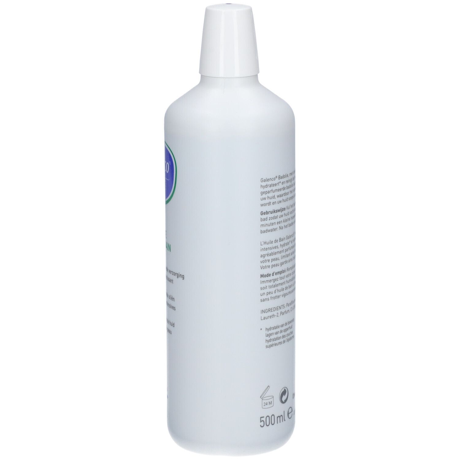 Flacon blanc, dos. Texte: Galenco Badolie. Ingrédients, mode d'emploi, informations fabricant. 500ml.