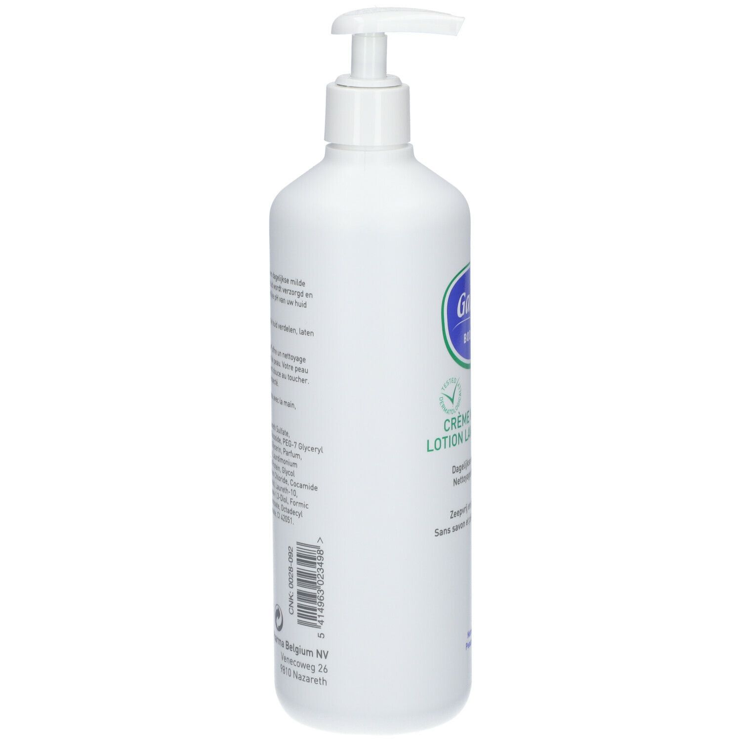 Flacon blanc avec pompe. Texte sur le côté. Galenco Body Care, Crème Waslotion, Lotion Lavante Crème. Ingrédients.