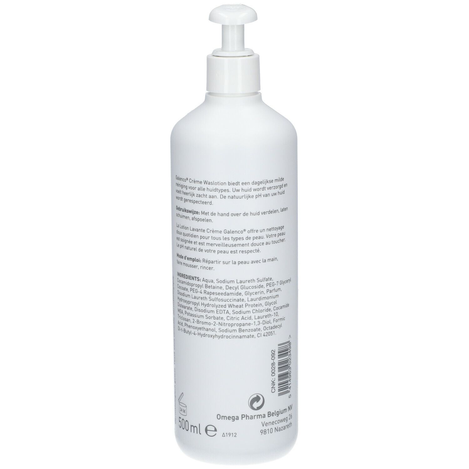 Flacon blanc avec pompe. Texte sur le côté. Galenco Body Care, Crème Waslotion, Lotion Lavante Crème. 500ml.