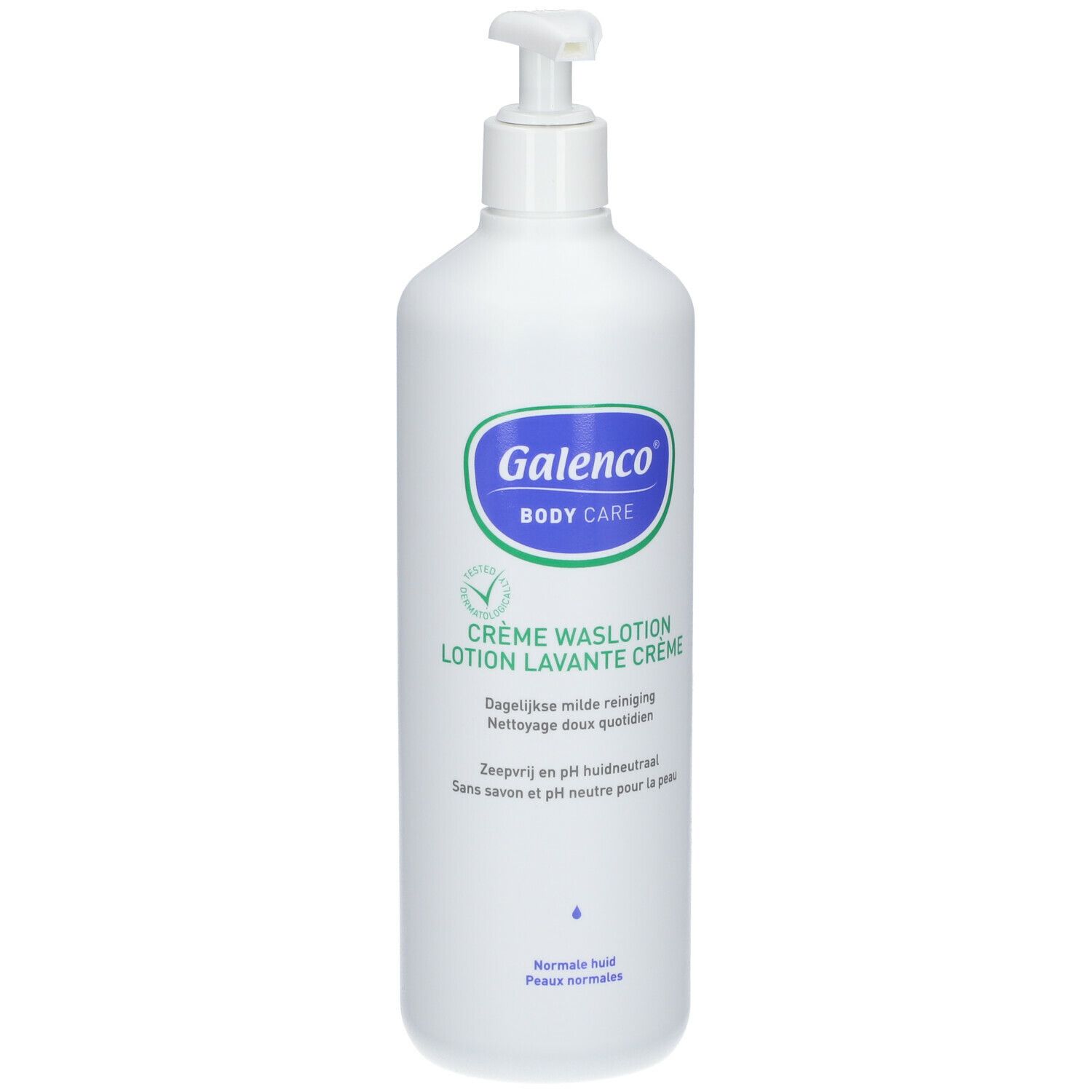Flacon blanc avec pompe. Galenco Body Care, Crème Waslotion, Lotion Lavante Crème. Pour peaux normales. pH neutre.
