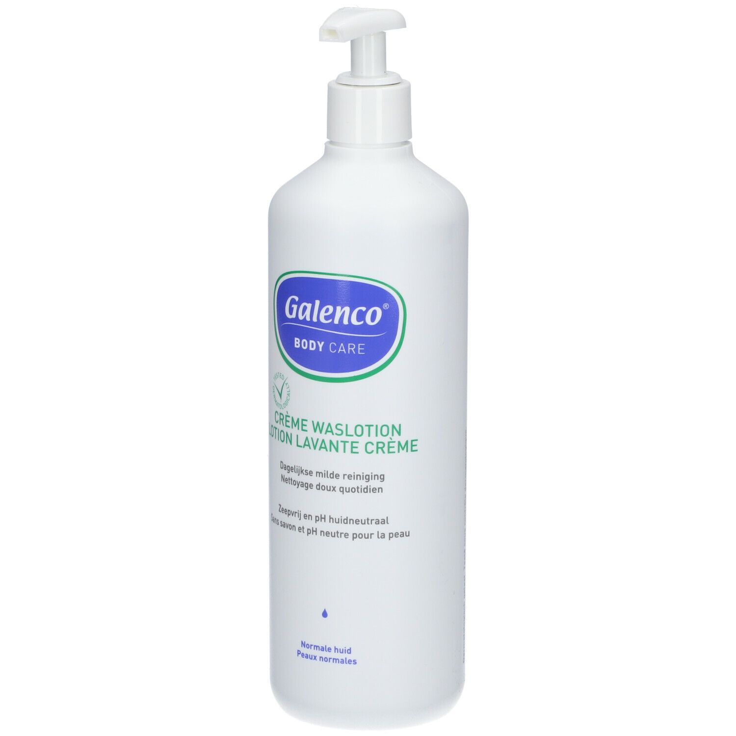 Flacon blanc avec pompe. Galenco Body Care, Crème Waslotion, Lotion Lavante Crème. Pour peaux normales. pH neutre.
