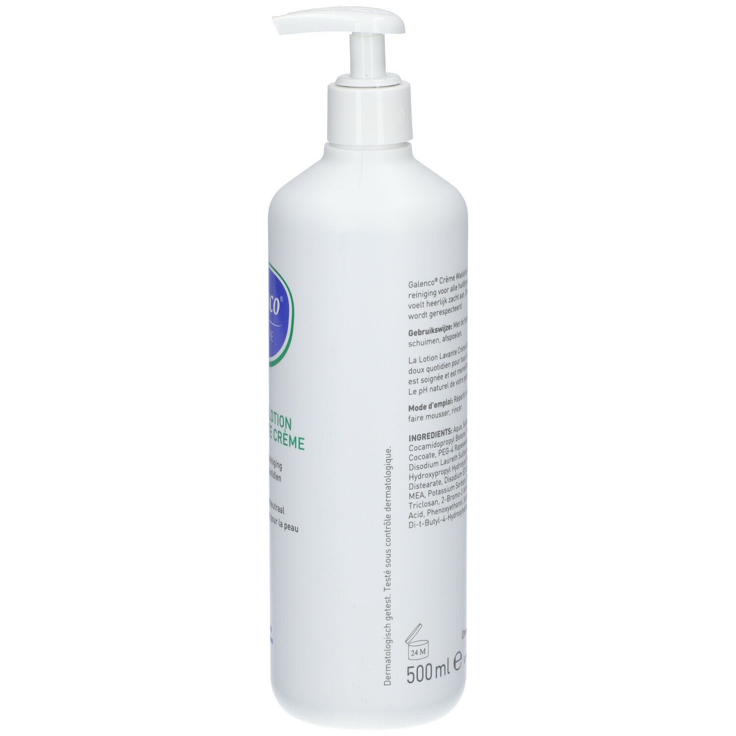 Flacon blanc avec pompe. Texte sur le côté. Galenco Body Care, Crème Waslotion, Lotion Lavante Crème. 500ml.