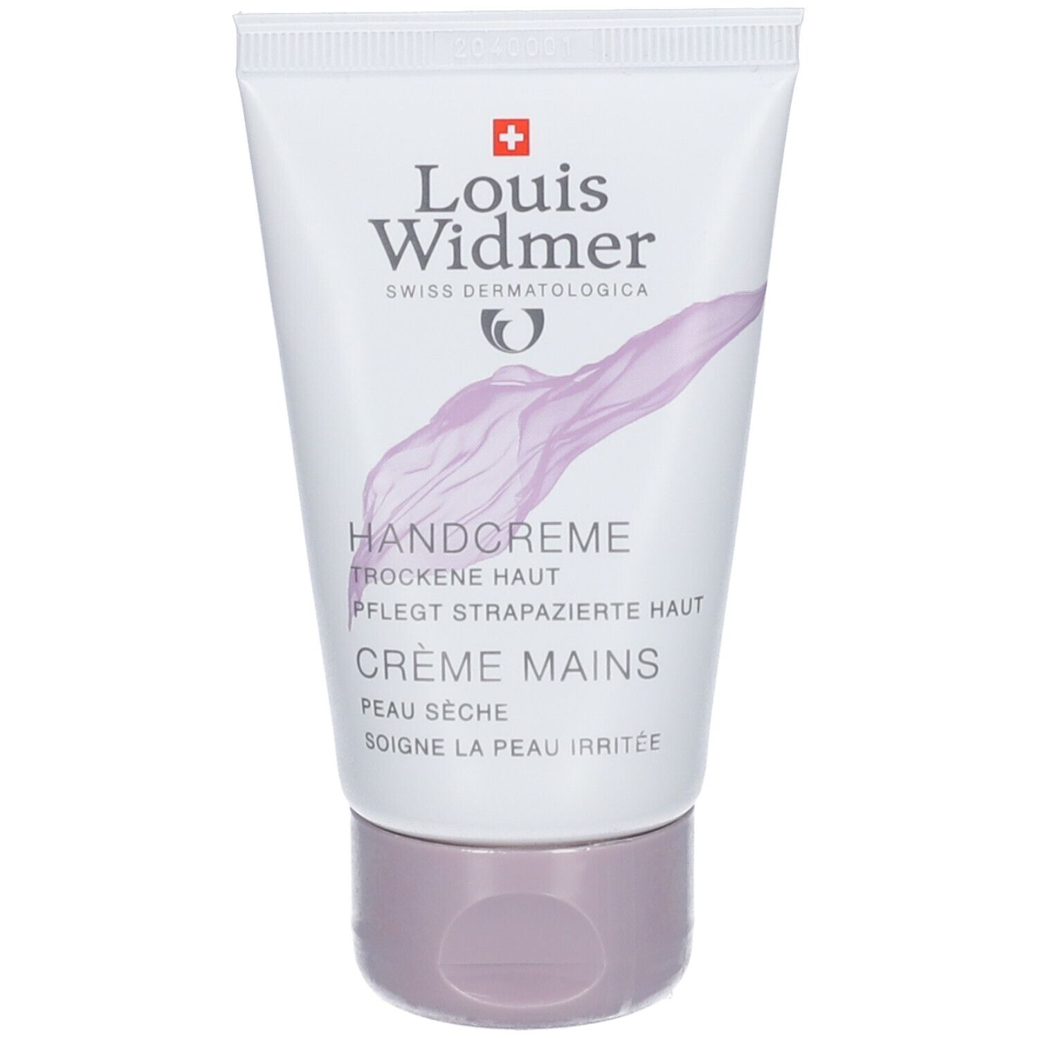 Tube de crème blanche avec logo et nom du produit. Texte : Handcreme, peau sèche, Crème Mains. Accent coloré.