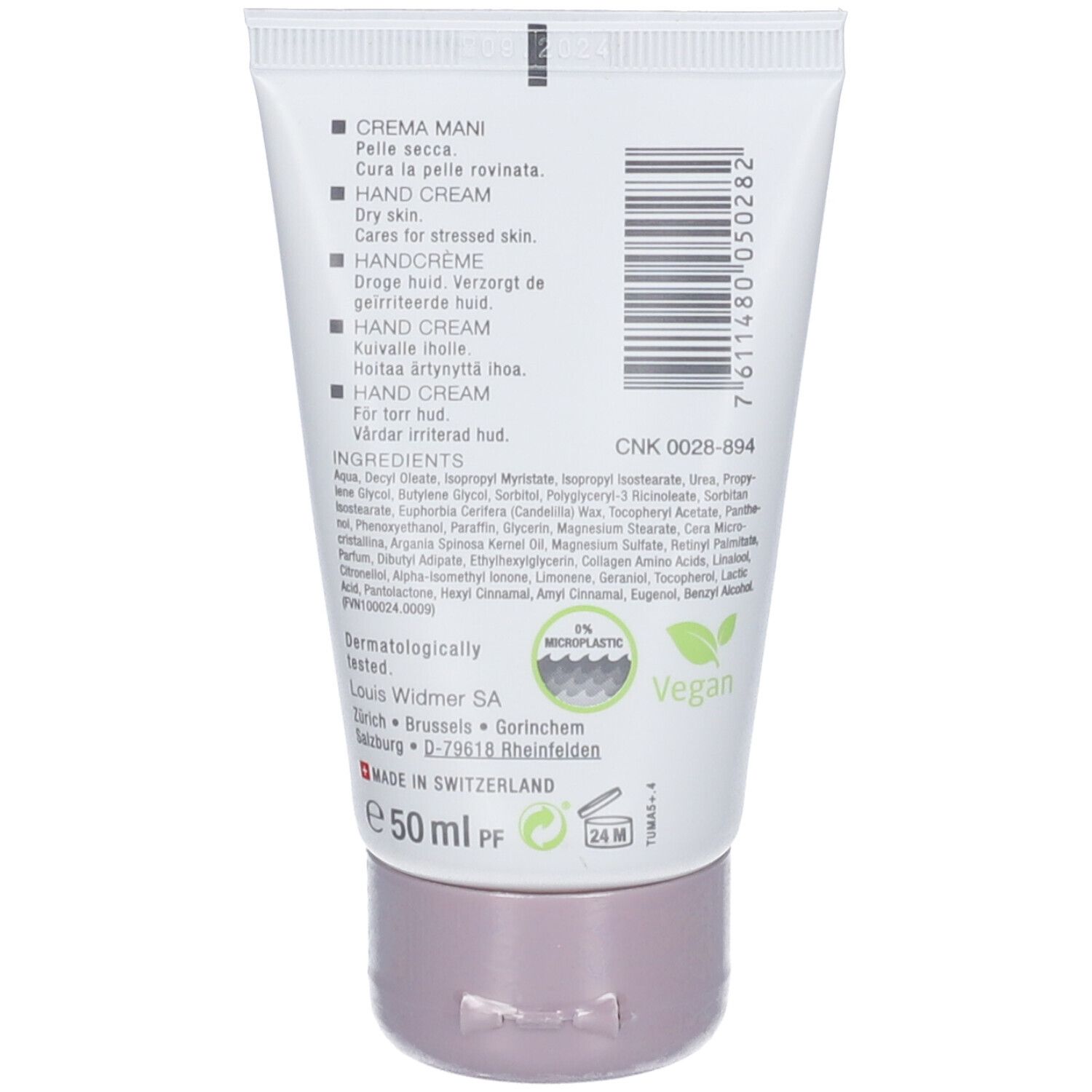 Dos du tube de crème. Texte : ingrédients, vegan, 2% microplastique. Code-barres et logo. Fabriqué en Suisse.