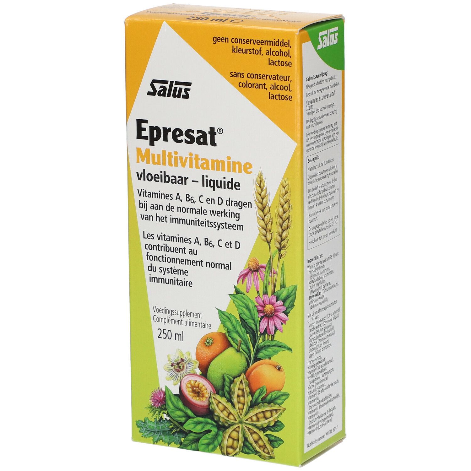 Emballage jaune-orange avec nom du produit et illustrations de fruits et de fleurs. Texte en néerlandais et en français.