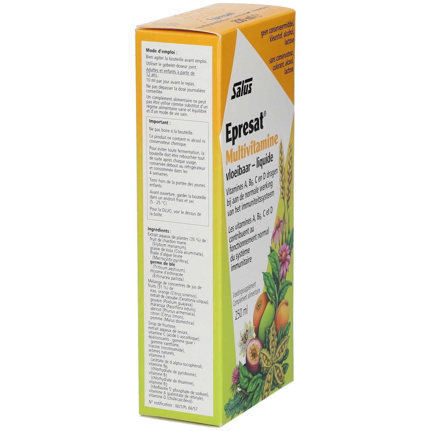 Emballage jaune-orange avec nom du produit et illustrations de fruits et de fleurs. Texte en néerlandais et en français.