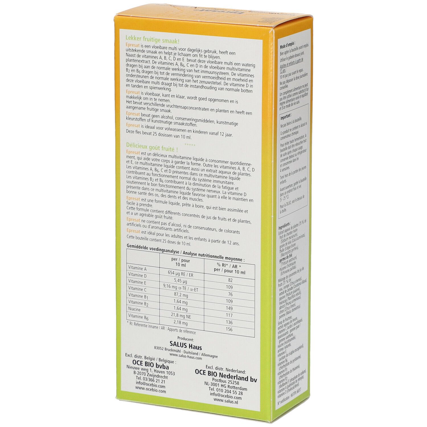 Emballage jaune-orange avec texte en néerlandais et en français. Contient des informations sur les ingrédients et les valeurs nutritionnelles.