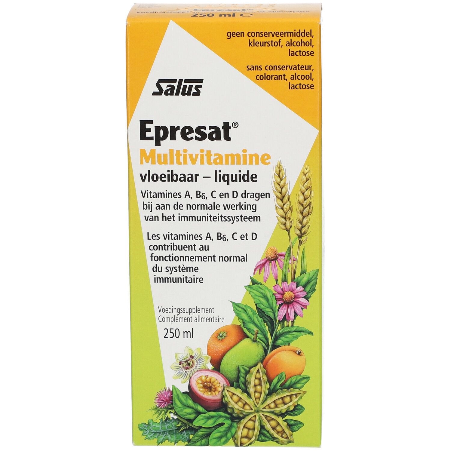 Emballage jaune-orange avec nom du produit et illustrations de fruits et de fleurs. Texte en néerlandais et en français.