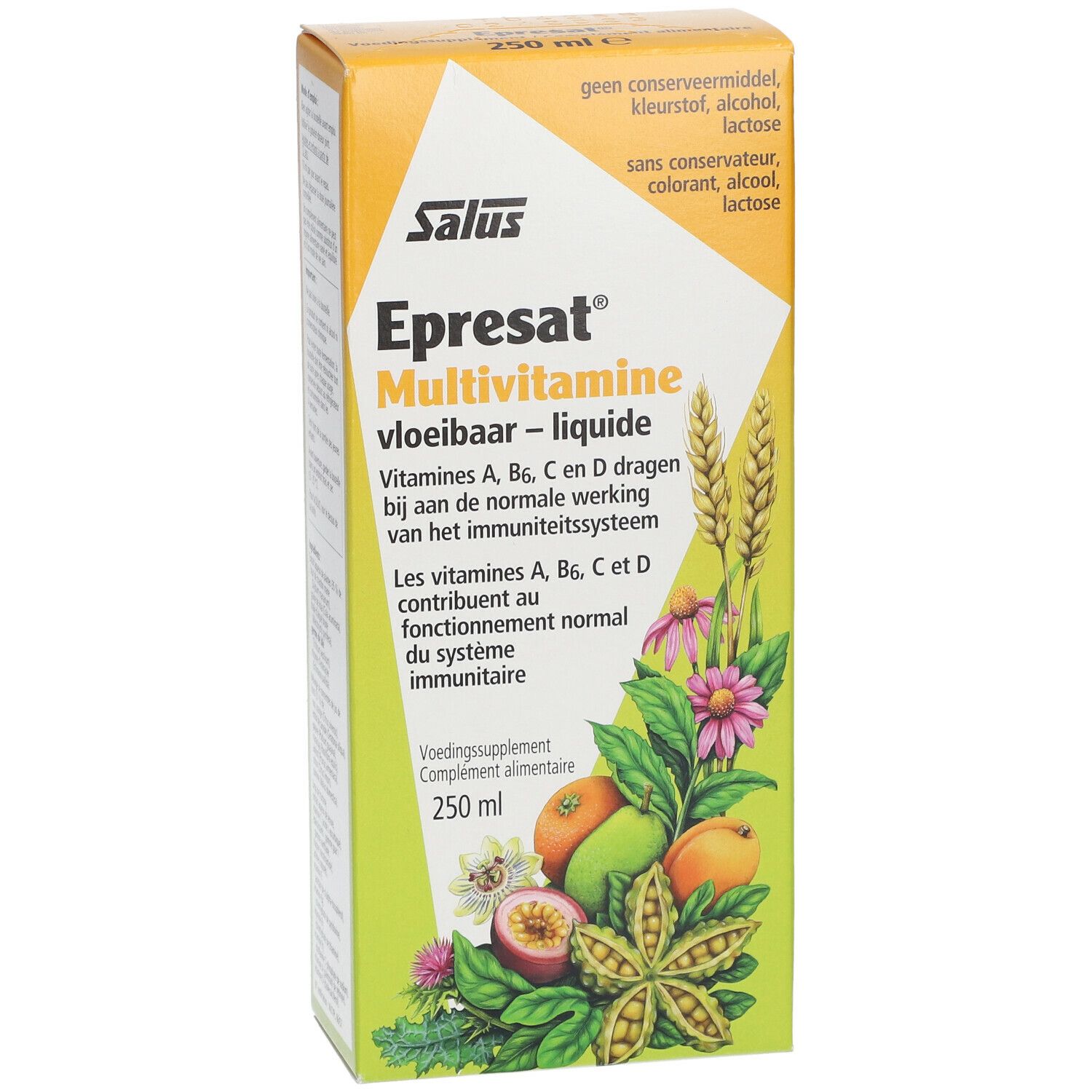 Emballage jaune-orange avec nom du produit et illustrations de fruits et de fleurs. Texte en néerlandais et en français.