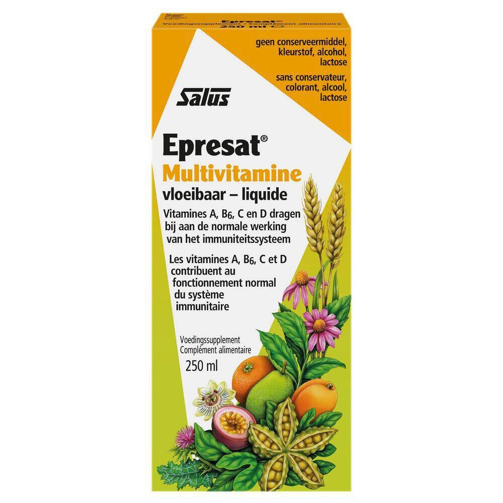 Emballage jaune-orange avec nom du produit et illustrations de fruits et de fleurs. Texte en néerlandais et en français.