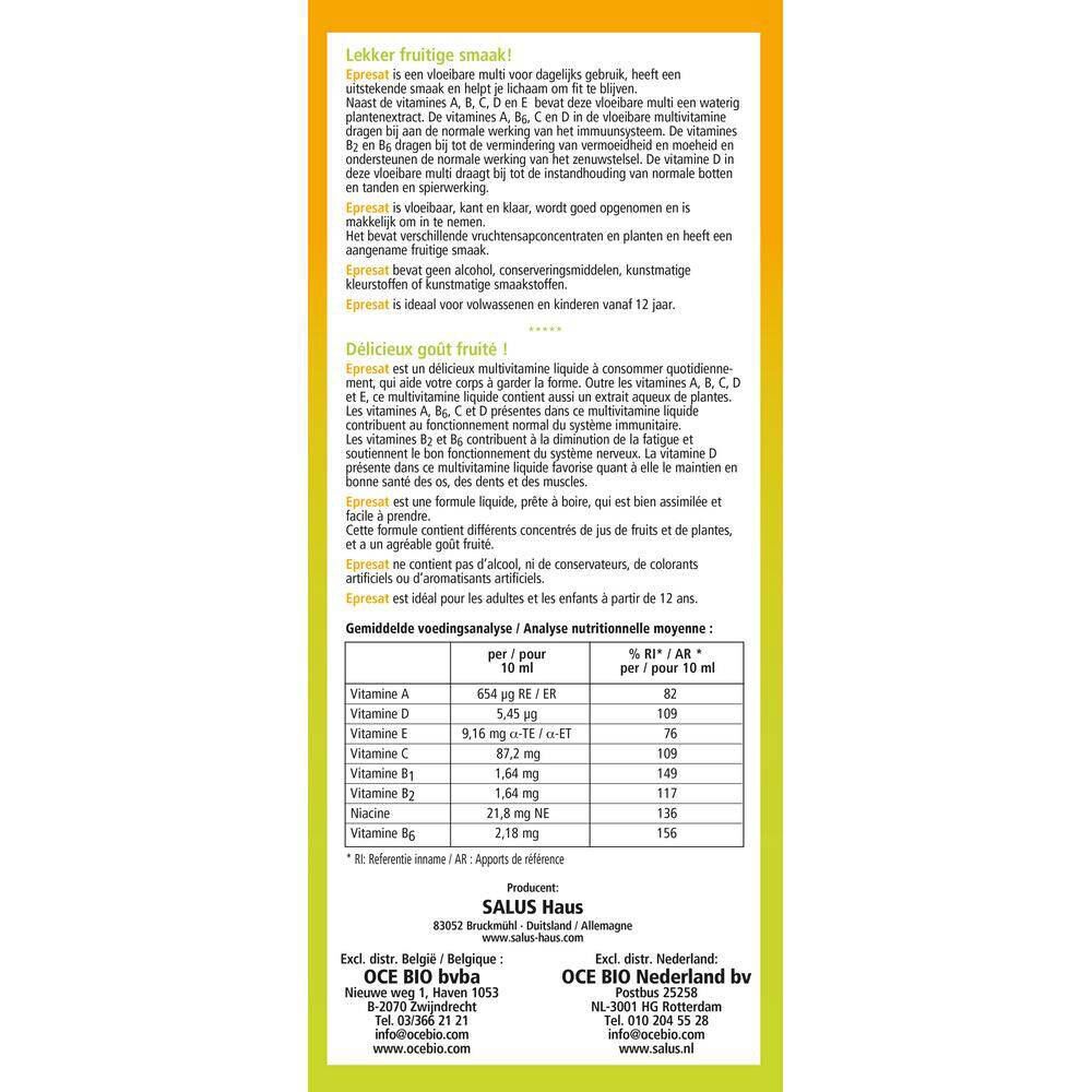 Emballage jaune-orange avec texte en néerlandais et en français. Contient des informations sur les ingrédients et les valeurs nutritionnelles.