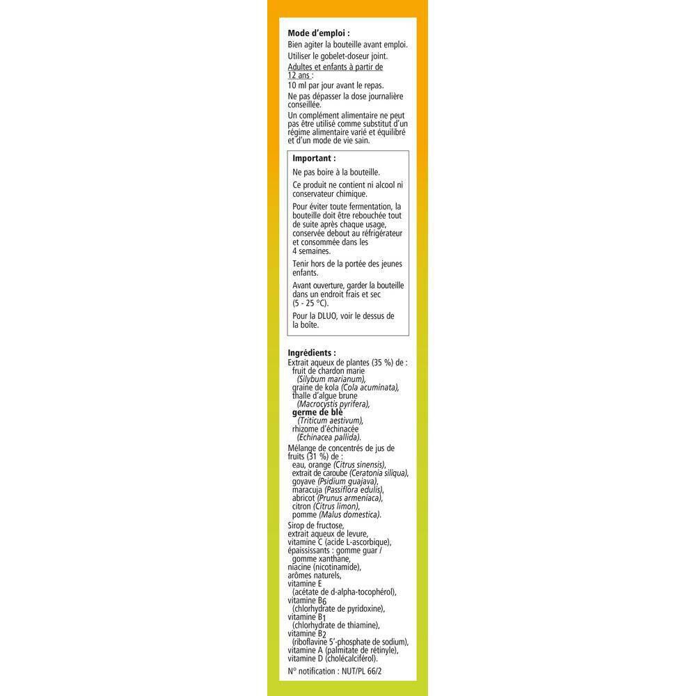 Emballage jaune-orange avec texte en néerlandais et en français. Contient des informations sur l'utilisation et les ingrédients.