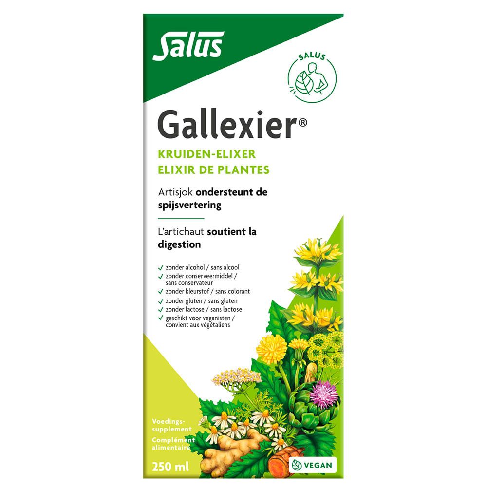 Boîte jaune Salus. Inscriptions multilingues, illustrations de plantes et mentions "Vegan". Contient 250 ml.