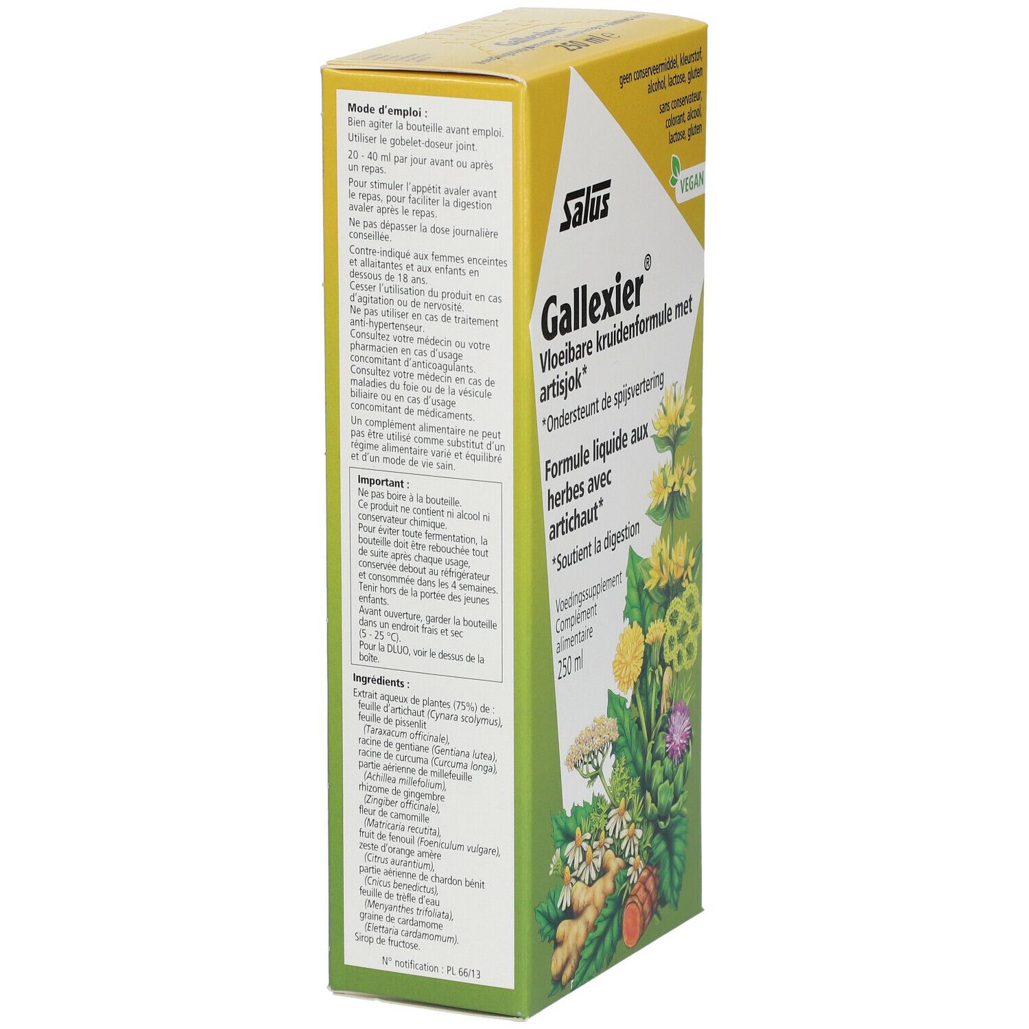 Dos de la boîte jaune Salus. Texte multilingue, ingrédients et informations nutritionnelles. Contient des informations.
