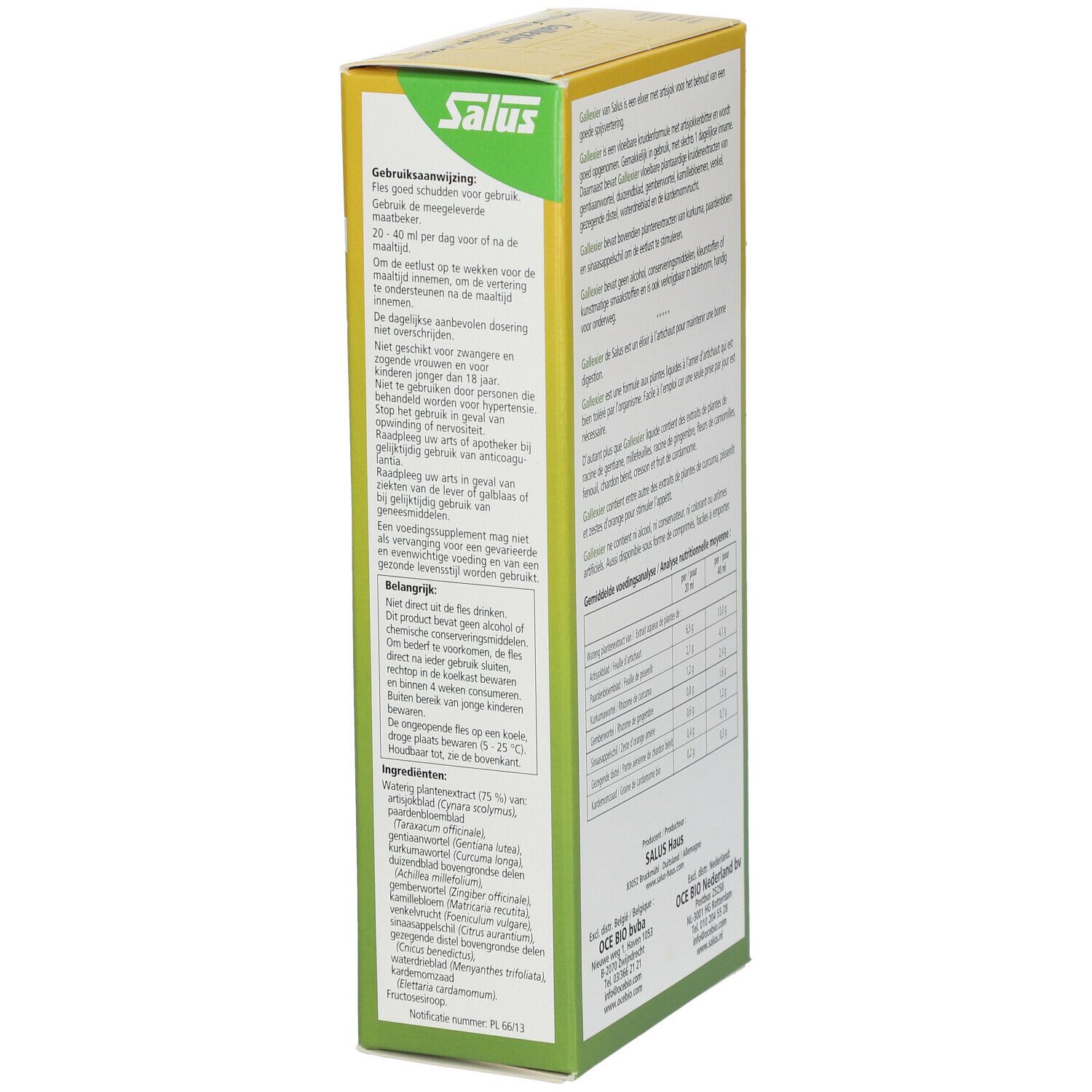 Côté de la boîte jaune Salus. Texte multilingue, ingrédients et informations nutritionnelles. Contient des informations.