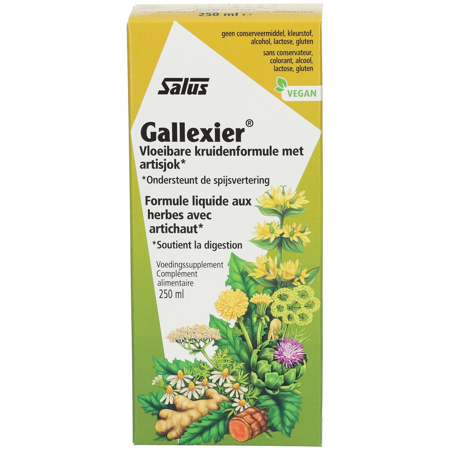 Boîte jaune Salus. Inscriptions multilingues, illustrations de plantes et mentions "Vegan". Contient 250 ml.