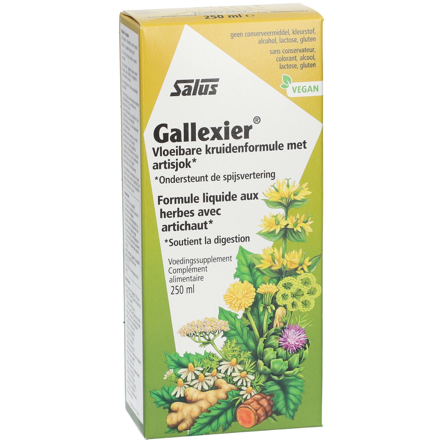 Boîte jaune Salus. Inscriptions multilingues, illustrations de plantes et mentions "Vegan". Contient 250 ml.