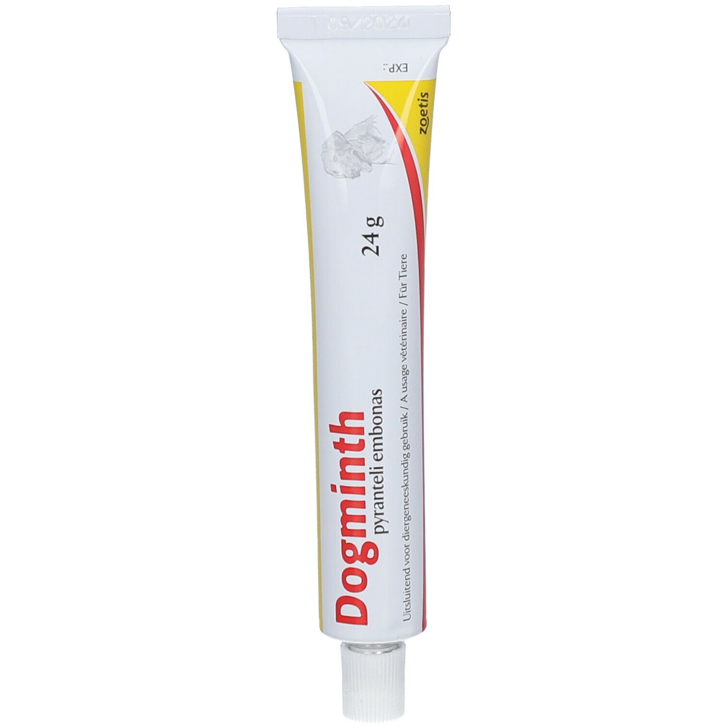 Tube de Dogminth, 24g. Blanc, jaune et rouge. Logo Zoetis. Texte: pyranteli embonas.