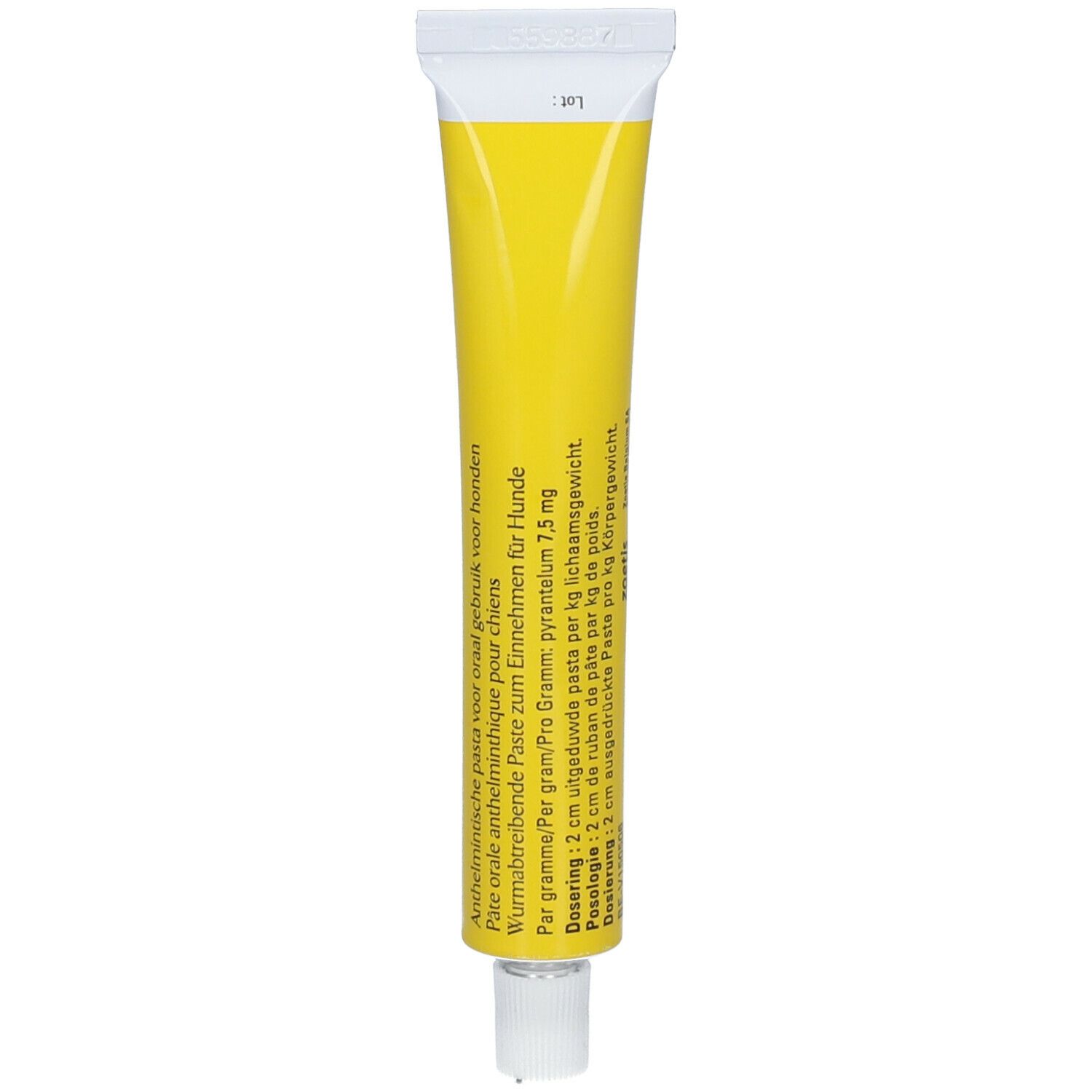 Dos de tube. Fond jaune. Texte: Pâte orale vermifuge pour chiens. Dosage: 2 cm par kg de poids corporel.