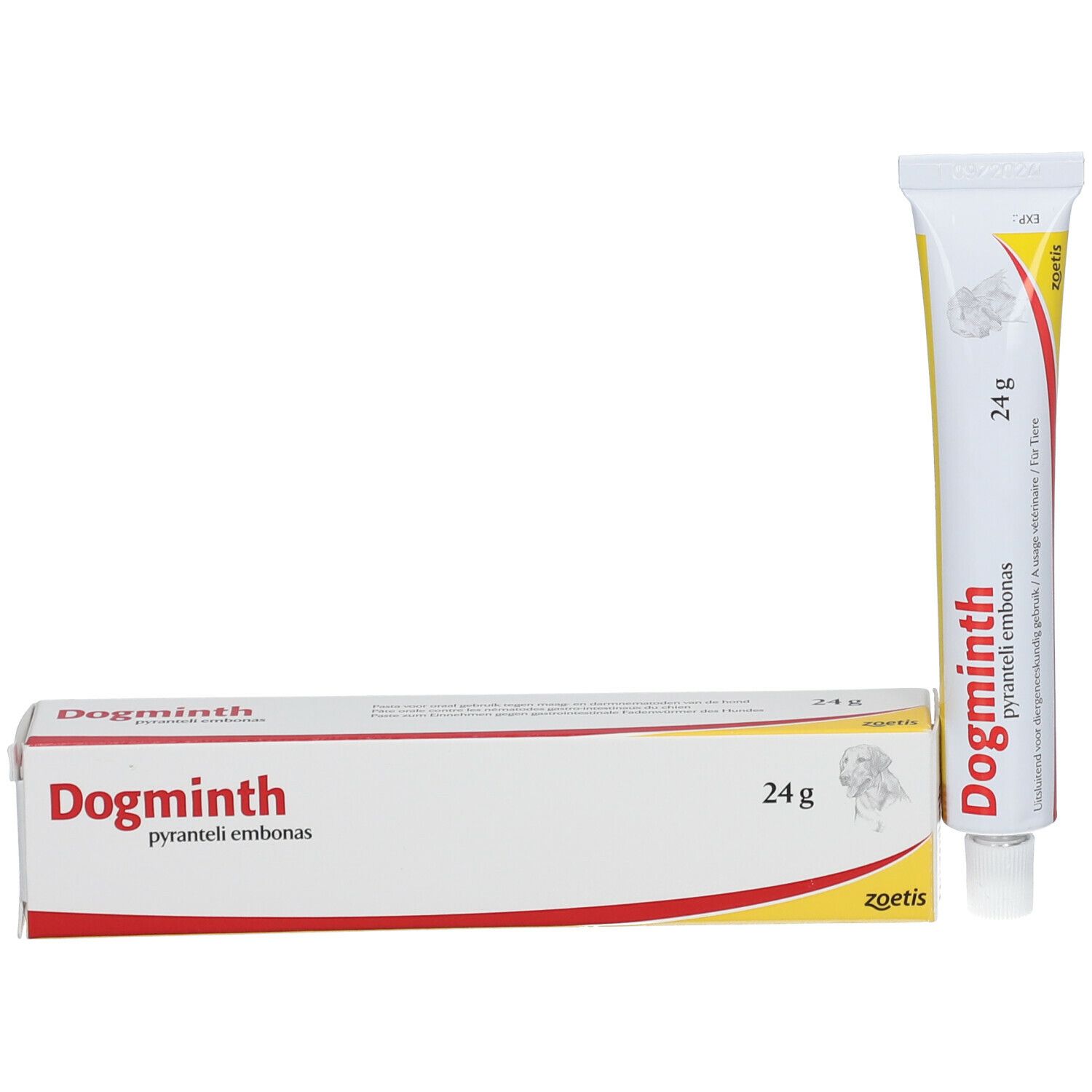 Tube et boîte Dogminth. Boîte: blanc, rouge, jaune. Tube: blanc, jaune, rouge. Texte: pyranteli embonas, 24g. Logo Zoetis.