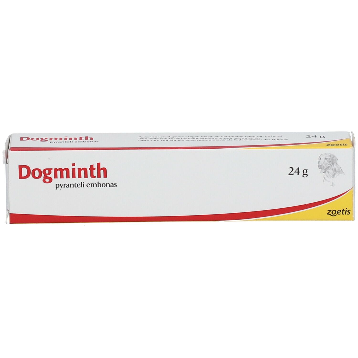 Boîte Dogminth. Blanc, rouge, jaune. Texte: pyranteli embonas, 24g. Logo Zoetis. Image d'un chien.