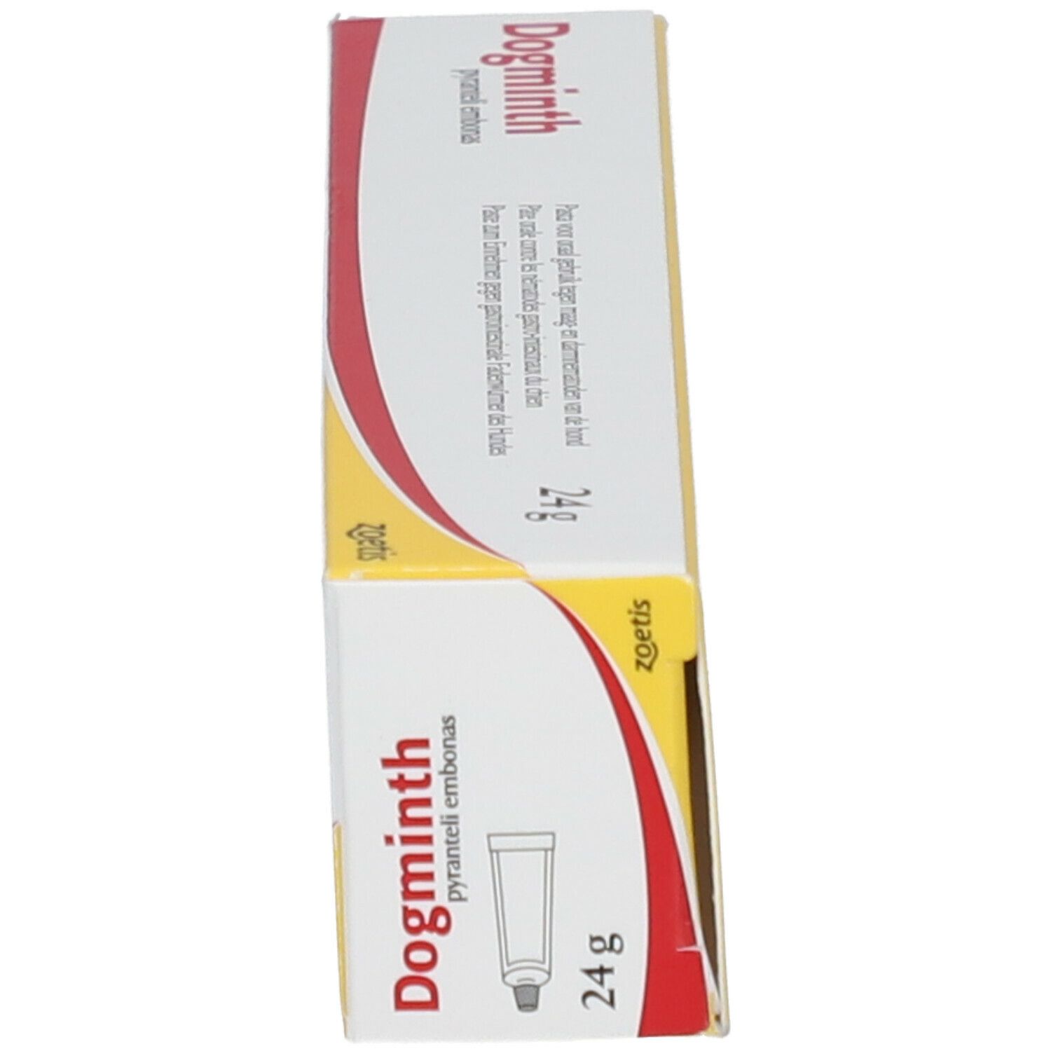 Deux boîtes Dogminth. Texte: Dogminth, pyranteli embonas, 24g. Logo Zoetis. Image d'un tube.