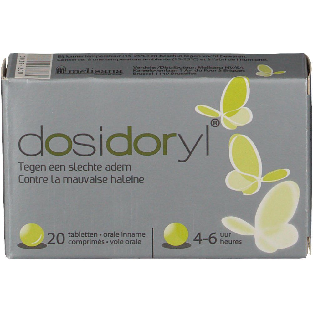 Boîte Dosidoryl. Inscription : Contre la mauvaise haleine. 20 comprimés, voie orale. Design papillon.