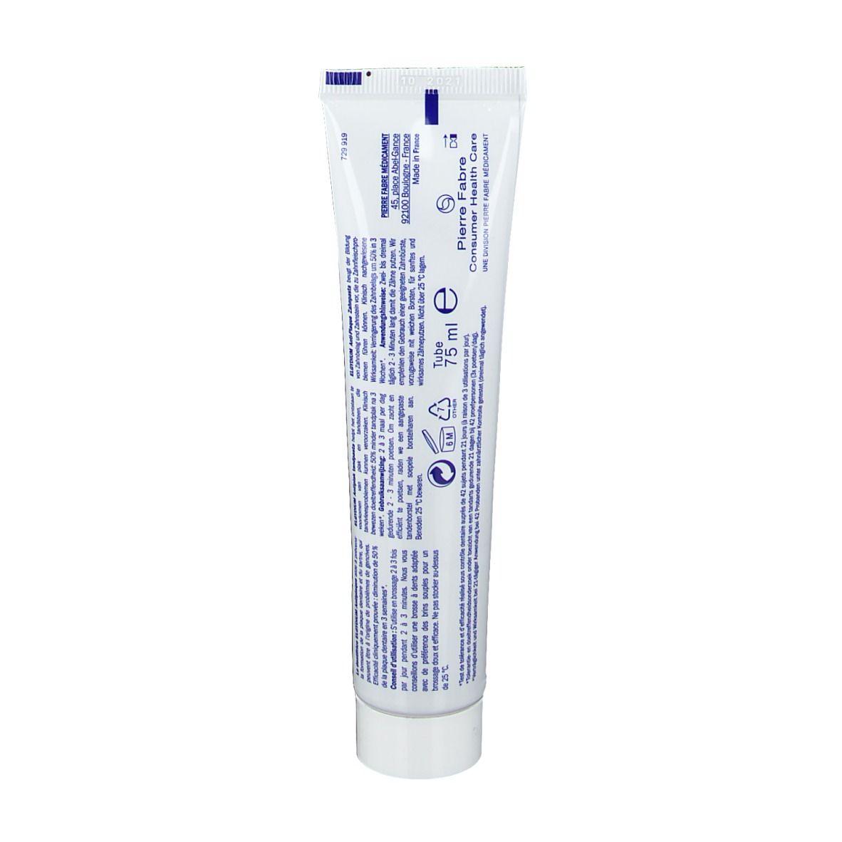 Rückseite der Zahnpasta-Tube ELGYDIUM. Text in mehreren Sprachen. Pierre Fabre Oral Care. 75 ml.